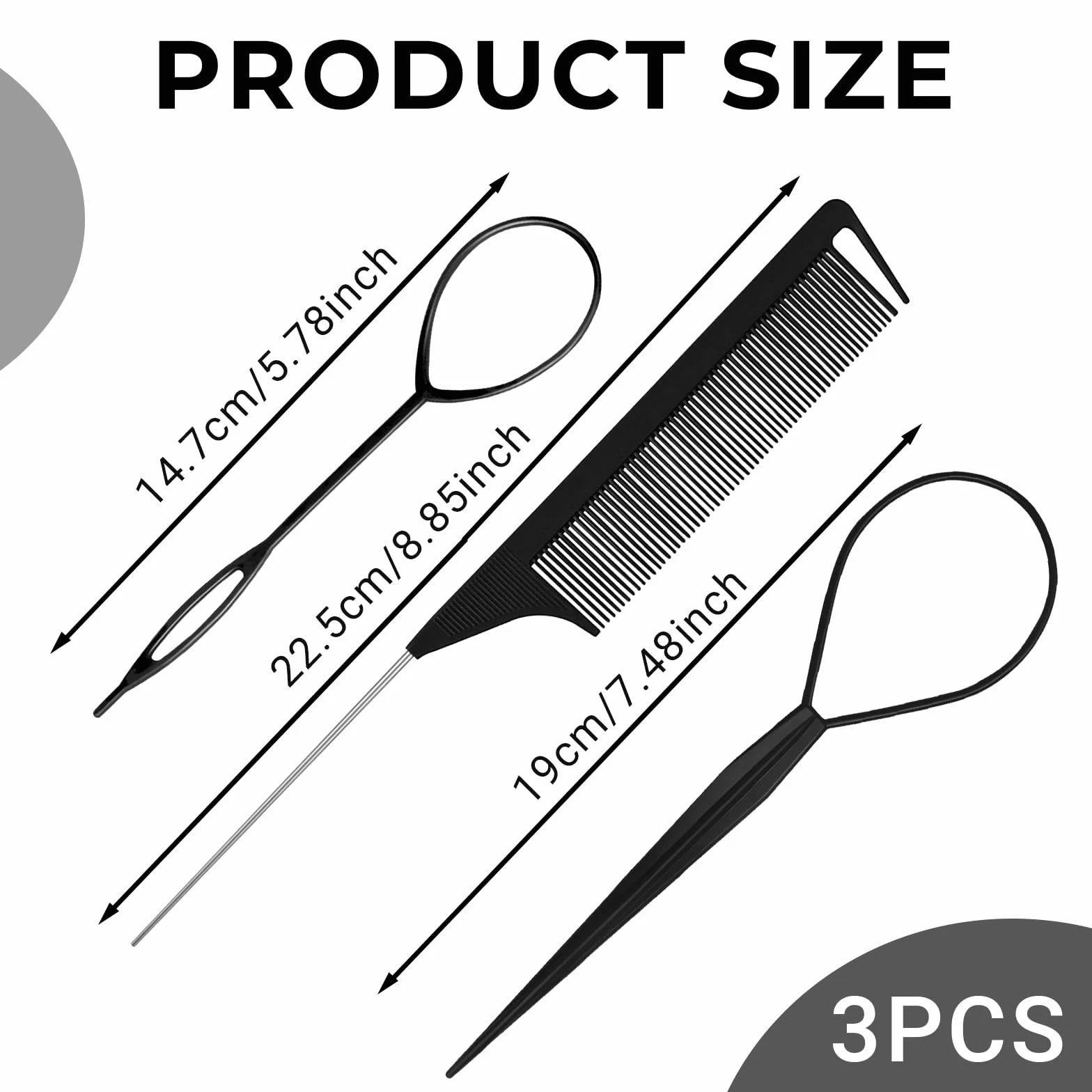 Set de Peinado: 3 Piezas Aguja para Cabello, Peines de Cola, Pasadores para Trenza Plana, Negro