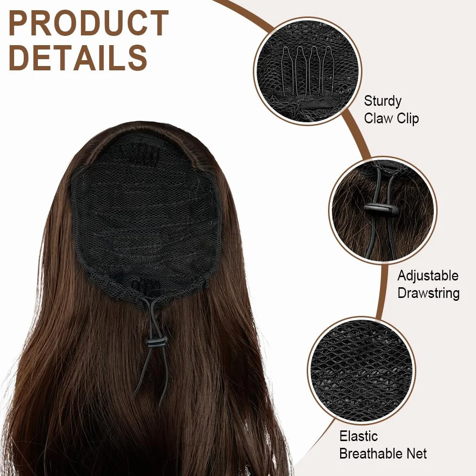 Flintronic Coleta Postiza de Caballo con Cordón, Extensión de Cola para Mujeres, Ondulado Rizado Sintética, Marrón Oscuro, 50cm