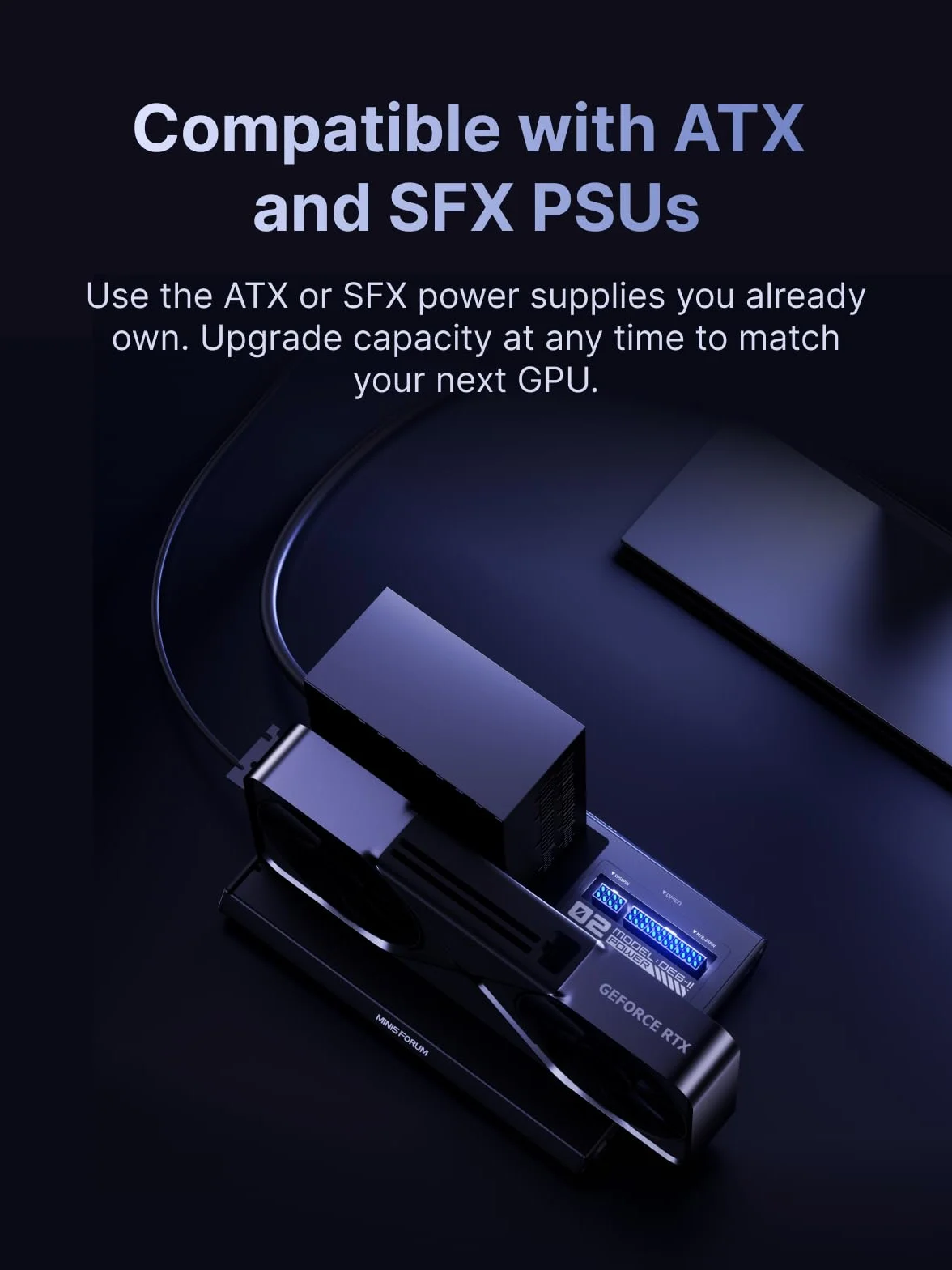 MINISFORUM DEG2 Thunderbolt 5 80Gbps 140W Base de expansión OCuLink eGPU PCIe x16 M.2 NVMe ATX/SFX