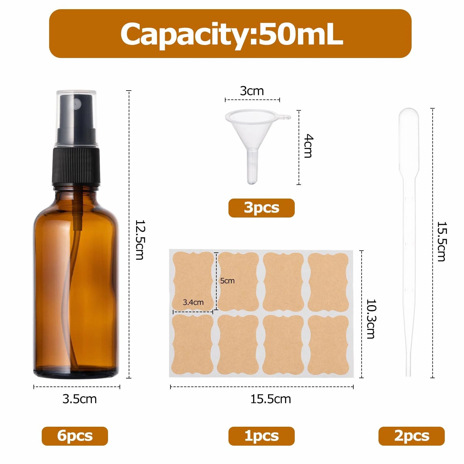 Kiperline 6 botellas spray de cristal vacías 50 ml, ámbar, con embudo, pipetas y etiquetas para aceites esenciales