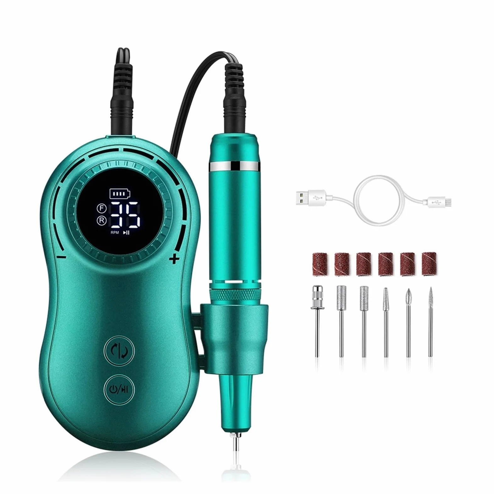 Torno para Uñas, Taladro eléctrico for uñas, juego de fresas de manicura de 35000RPM, lima de pedicura de uñas eléctrica verde Retro for esmalte de Gel