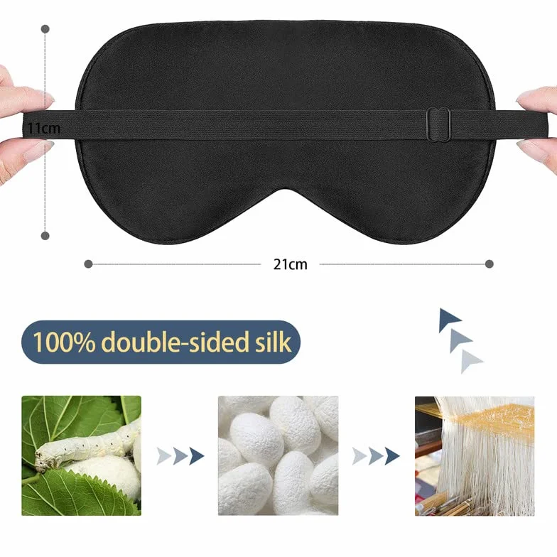 2 piezas antifaz para dormir 100% seda con correa ajustable, máscara para los ojos negra y plateada