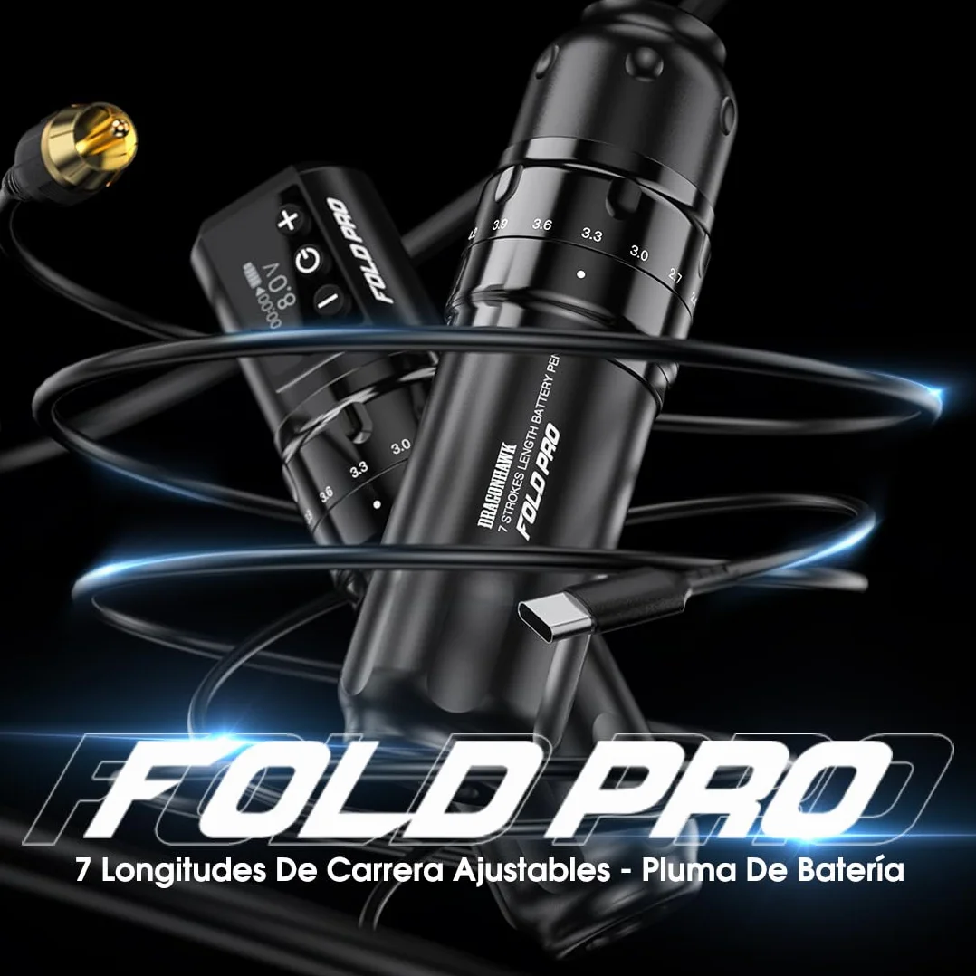 Dragonhawk Fold Pro Máquina de tatuar inalámbrica Bolígrafo con batería de 7 carreras 2.4-4.2mm, 2pcs batería de 1500mAh para tatuadores profesionales