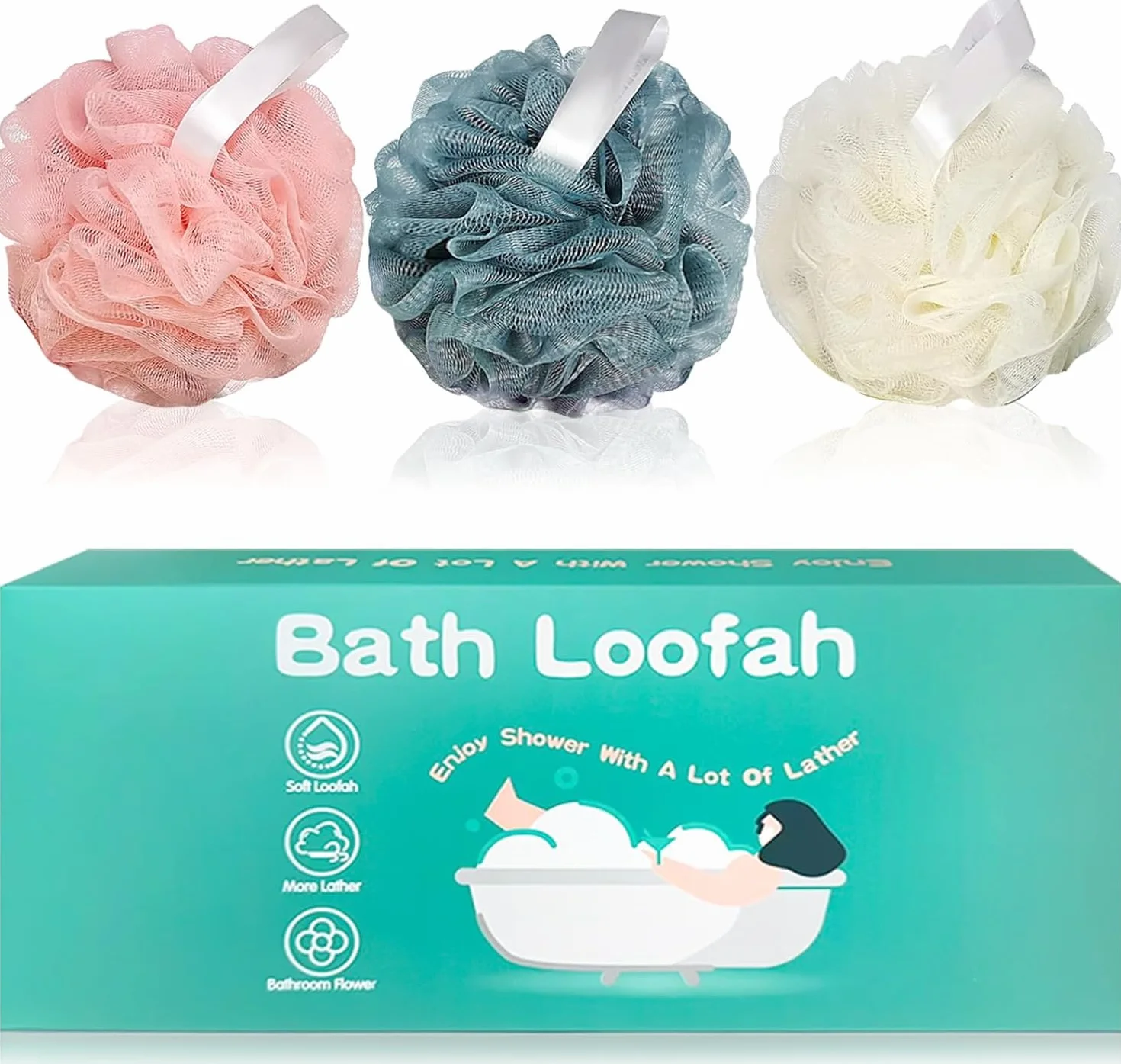Amazerbst Loofah Sponge for Shower Set of 3 Pink Yellow Blue