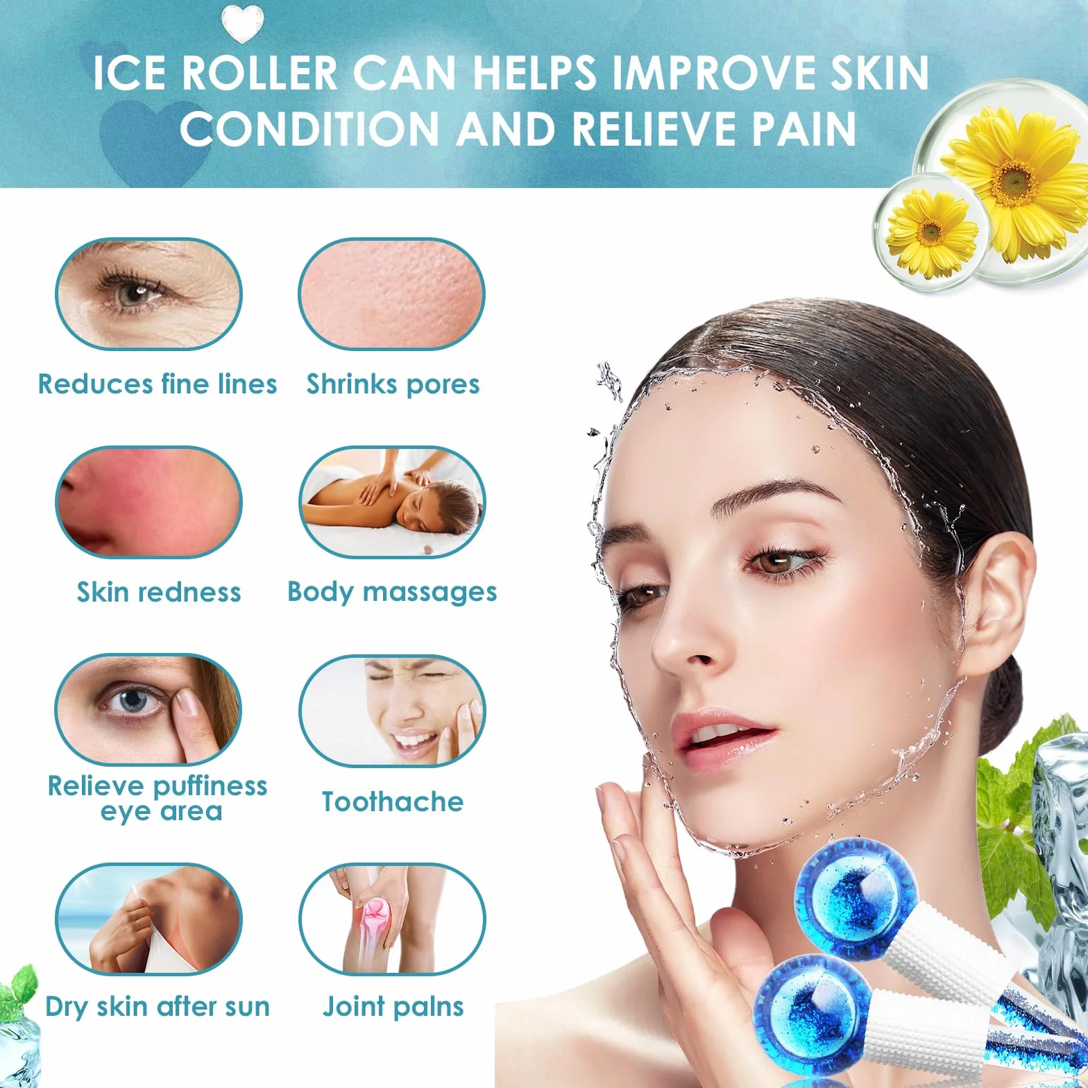 GeeRic 2 Un Rodillo Facial Ice Globes Masaje de Hielo Bola Belleza Facial Masajeadores Piel Fría Hinchazón Ojeras Rosa