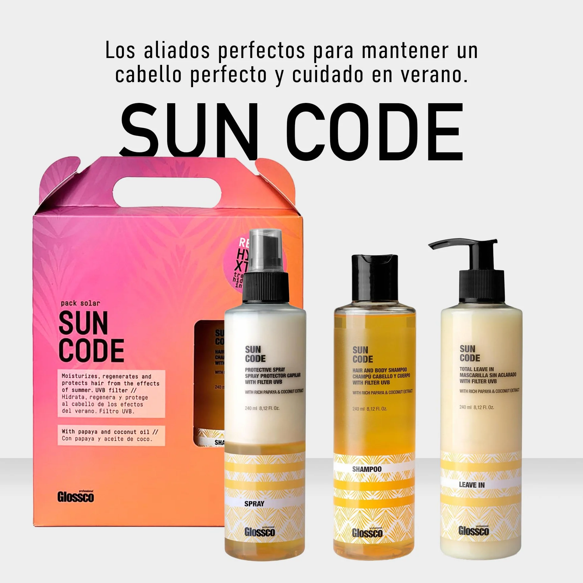 GLOSSCO PROFESSIONAL Spray Protector Solar Cabello UVB Protective Spray 240 ml Extracto de Papaya y Coco Protector UV Hidratación Profunda