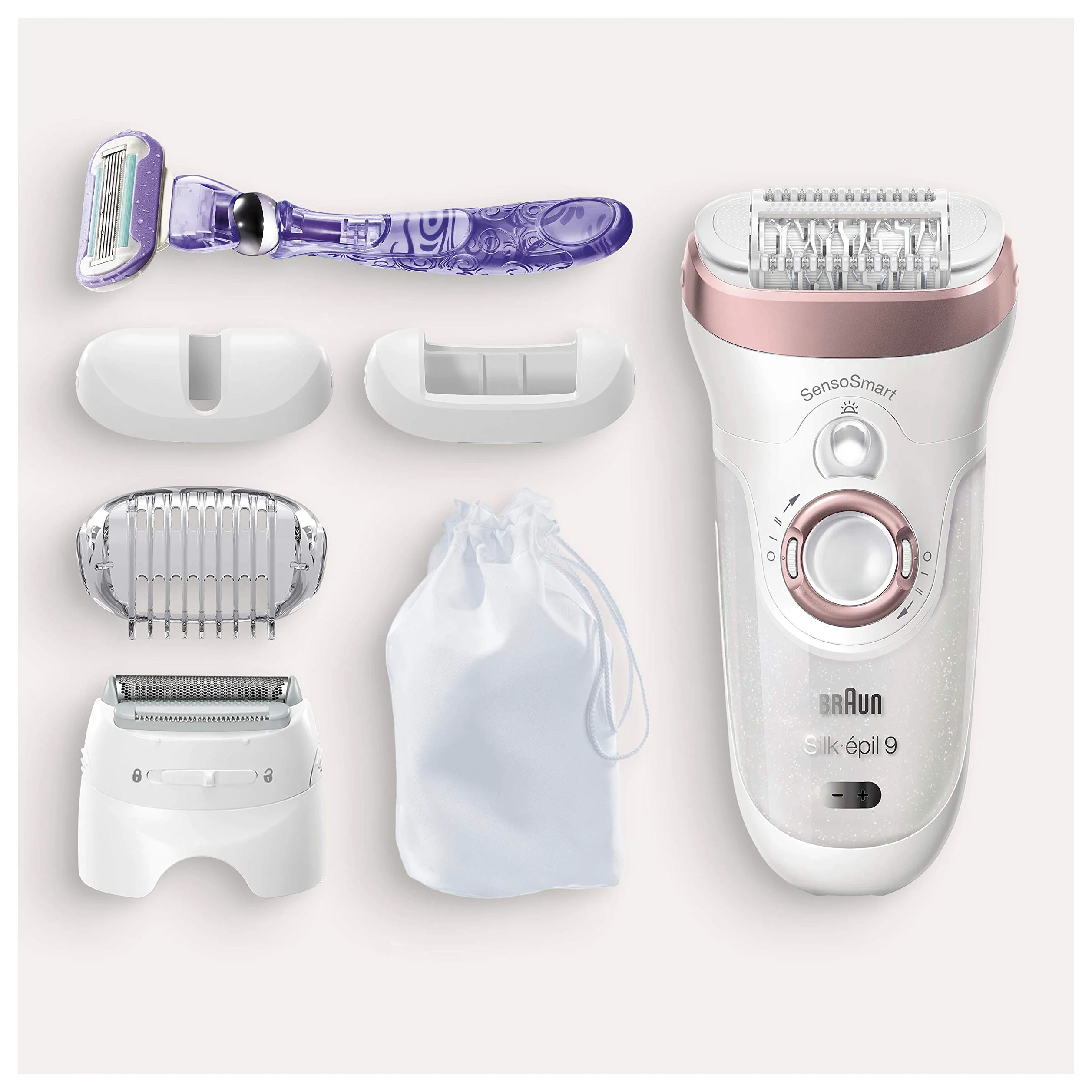 Braun Silk-épil 9 9-870 Depiladora Mujer Eléctrica para Depilación Duradera, Incluye Maquinilla Venus, Capuchón de Masaje, Cabezal de Rasurado y Recorte, Blanco/Oro Rosa