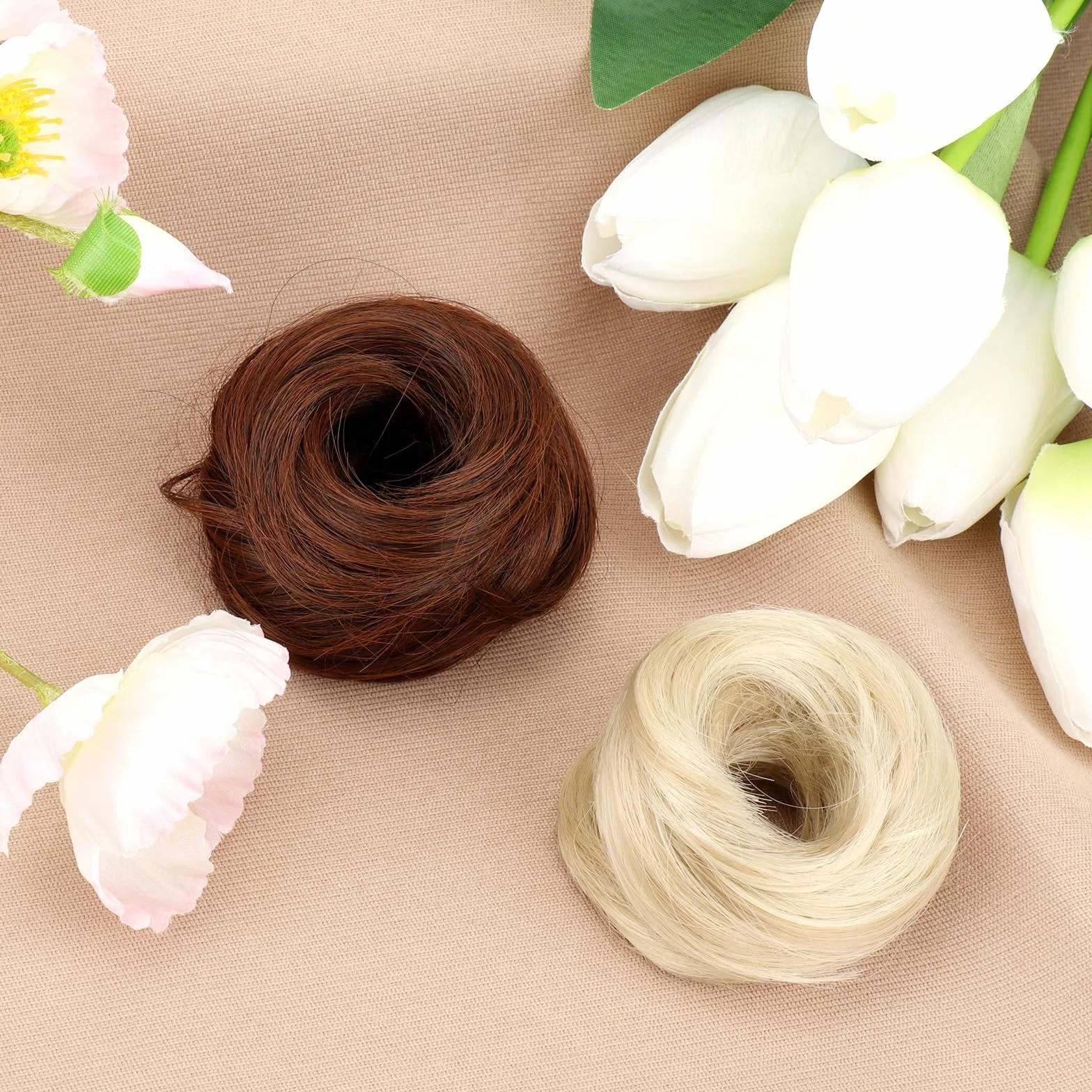 Scrunchies para cabello liso Castaño claro accesorio donut trenzado sintético