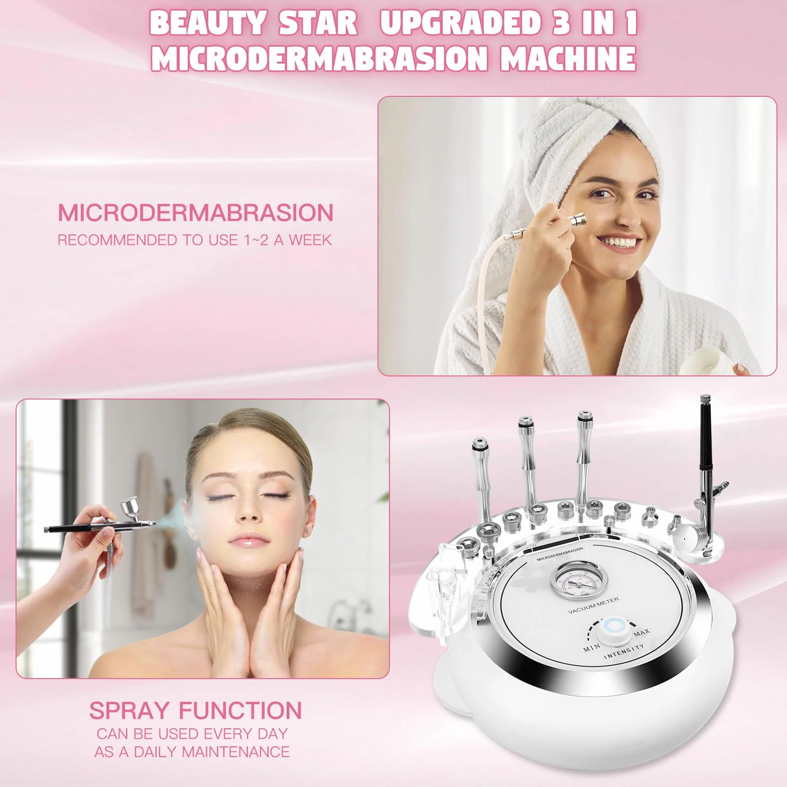 Beauty Star - Máquina de microdermoabrasión, profesional de 65 a 68 cmhg, potencia de succión al vacío, máquina de limpieza facial, equipo de belleza para el cuidado de la piel con aspiradora y spray