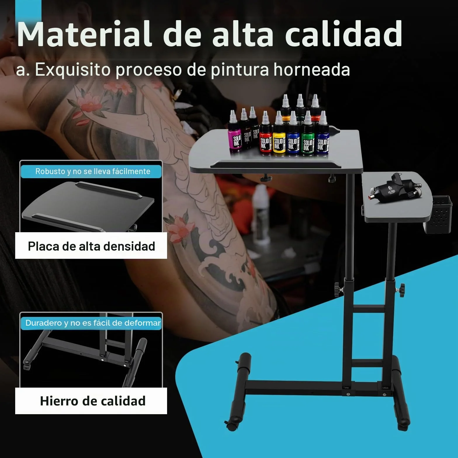 Carro de tatuaje reposabrazos extraíble portátil altura ajustable 57-90 cm 12,5 kg