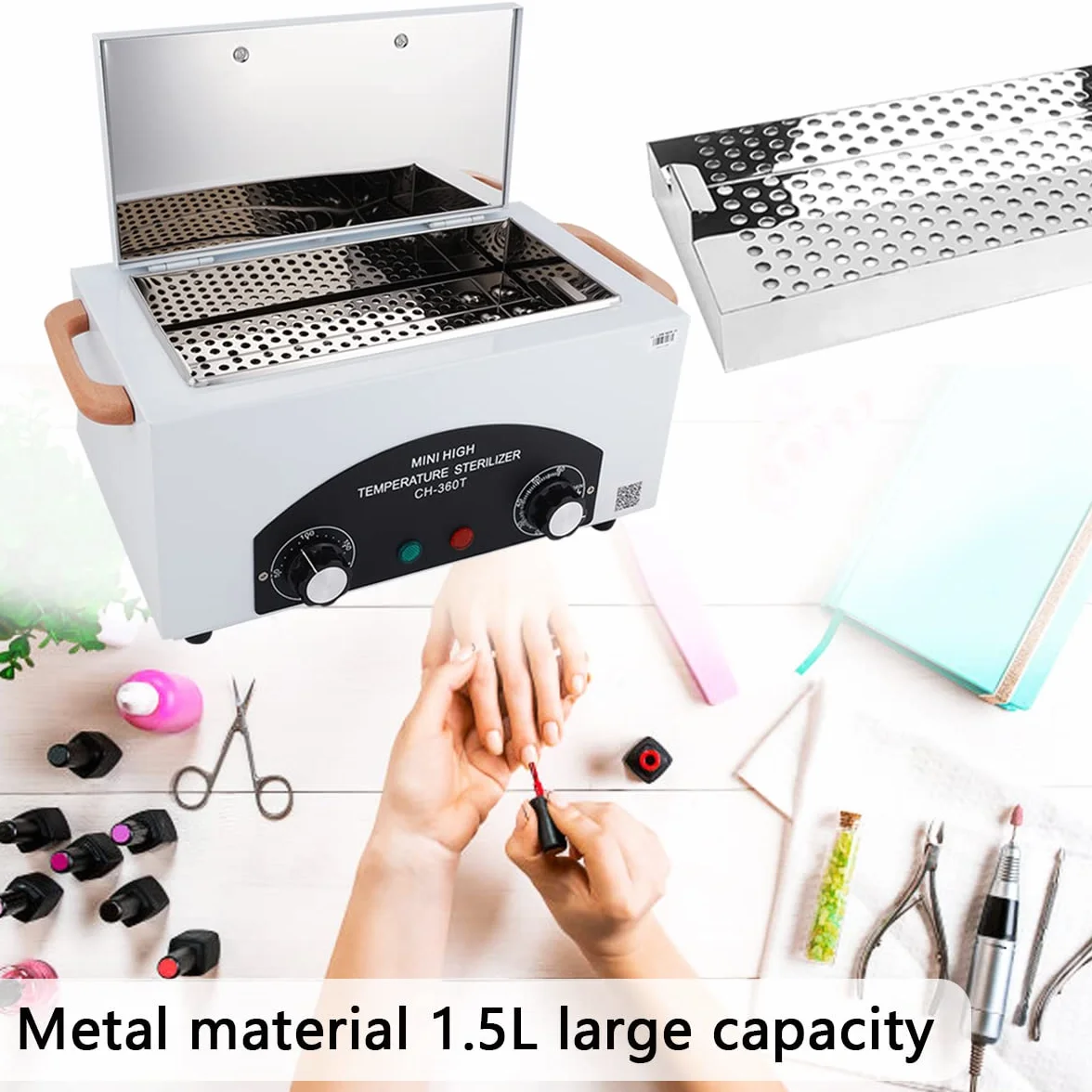Desinfección Esterilizador Aire Caliente, 300W 1.5L 200℃ Esterilizador Calor Seco Esterilizadors Alta Temperatura EsterilizadorsHerramientas para Uñas con Temporizador y Luz Indicadora para Peluquería