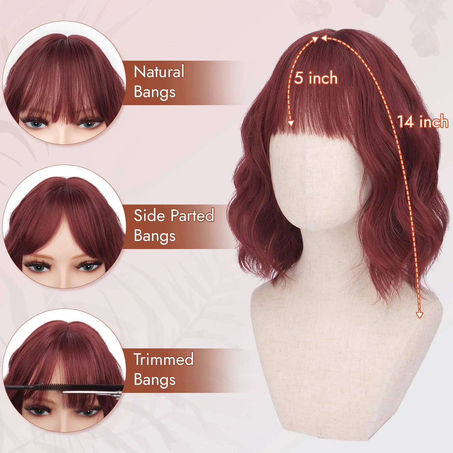 Peluca pelo Natural Amarillo Jengibre 35 cm con Flequillo Rizada Ondulada Bob Corta Sintética