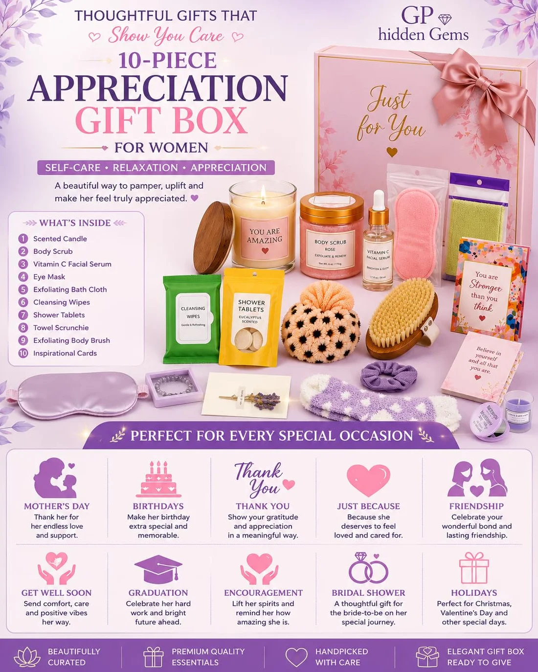 Caja de regalo de agradecimiento de 10 piezas para mujeres, juego de regalo de spa de cuidado personal y relajación con vela, máscaras de ojos, exfoliante corporal, cepillo exfoliante, accesorios de