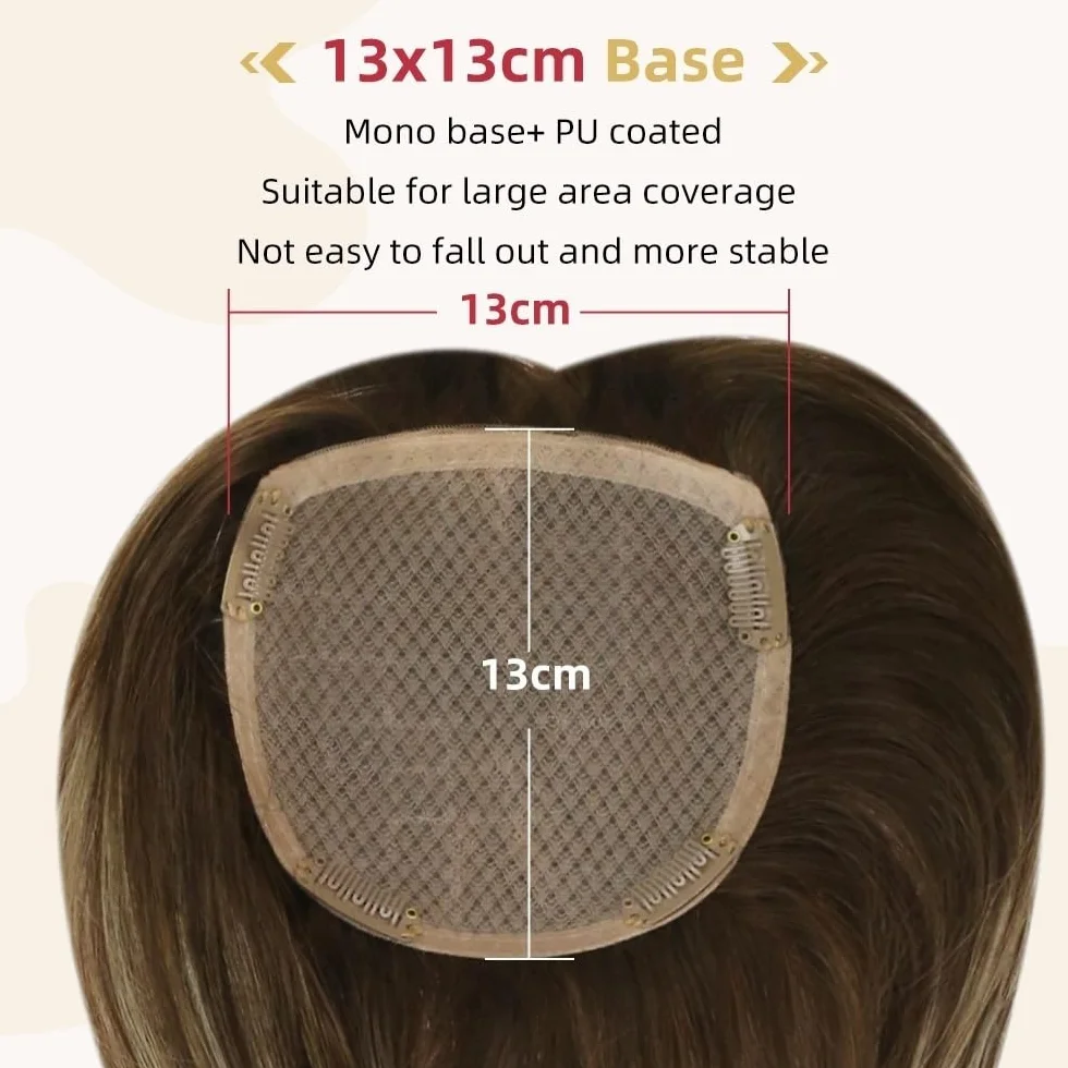 Natural Looking Hairpiece for Women, Postizos de cabello humano liso de 13 × 13 cm con cobertura de área grande, base monocromática, recubierto de PU, postizos de cabello Remy con clip, color marrón o