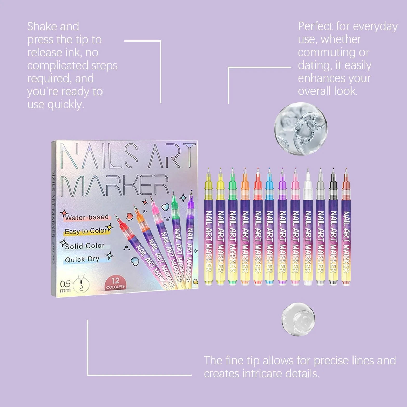 Juego de 12 lápices de uñas de colores para uñas de gel, lápices de graffiti de secado rápido, herramienta de dibujo de uñas (7 unidades)