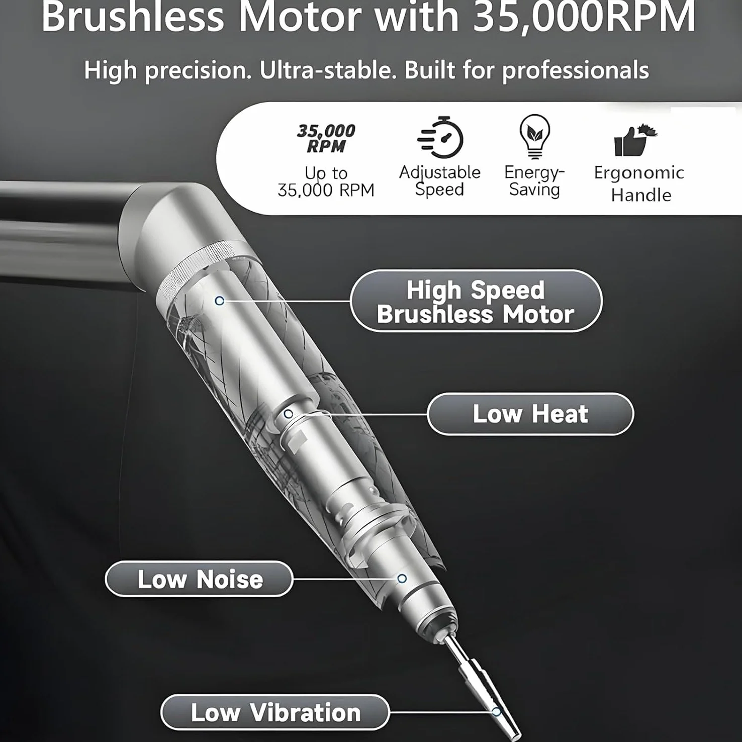 Torno Eléctrico para Uñas 2-en-1 con Aspirador de Polvo, 30.000 RPM Velocidad Ajustable, Motor Brushless ≤68dB, Kit Completo con Filtro Lavable para Salón de Belleza