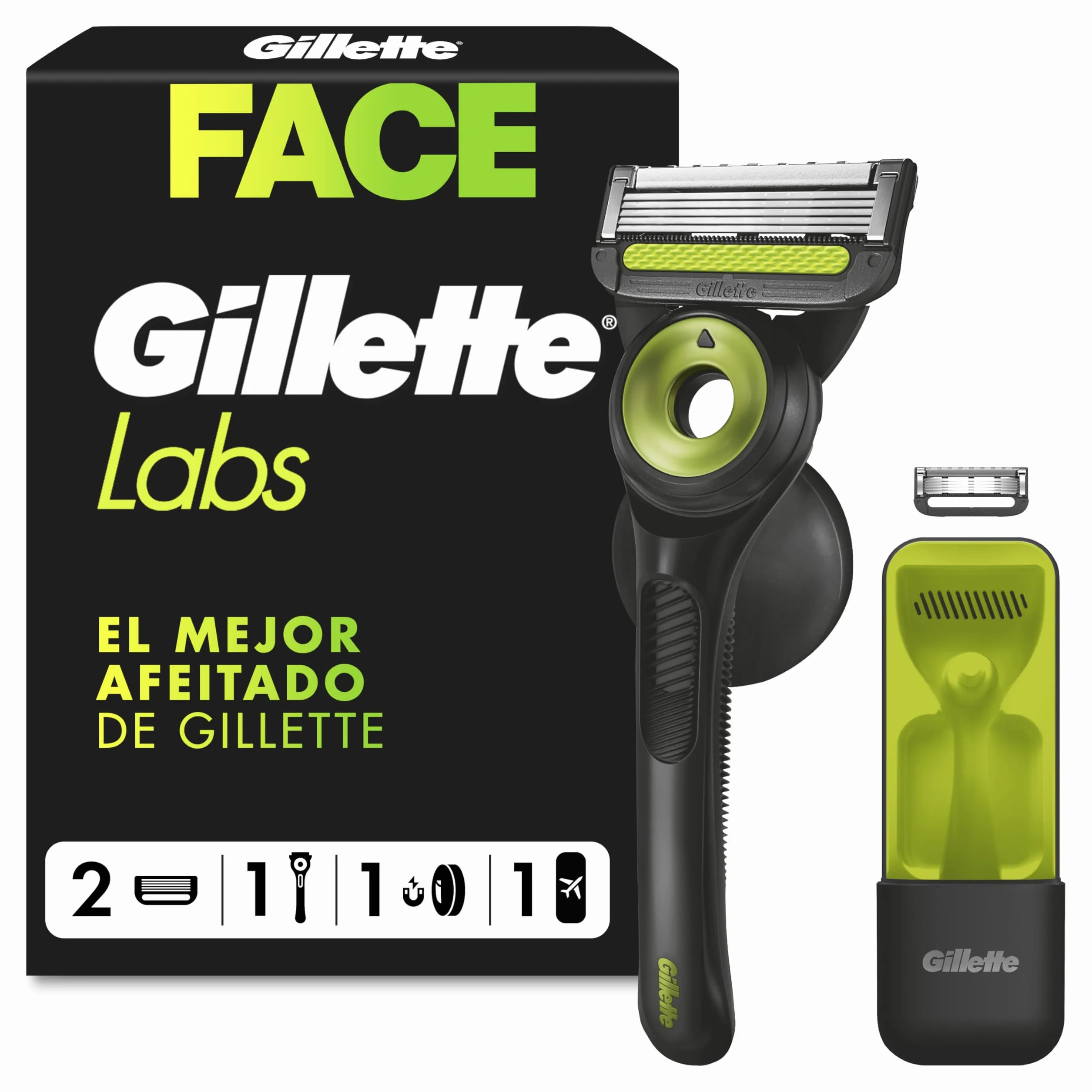 GilletteLabs Maquinilla de Afeitar Neon Night Edition, 1 Mango de Metal con Barra Exfoliante Integrada, 2 Cuchillas de Recambio con Banda Lubricante, 1 Estuche de Viaje, 1 Colgador de Pared