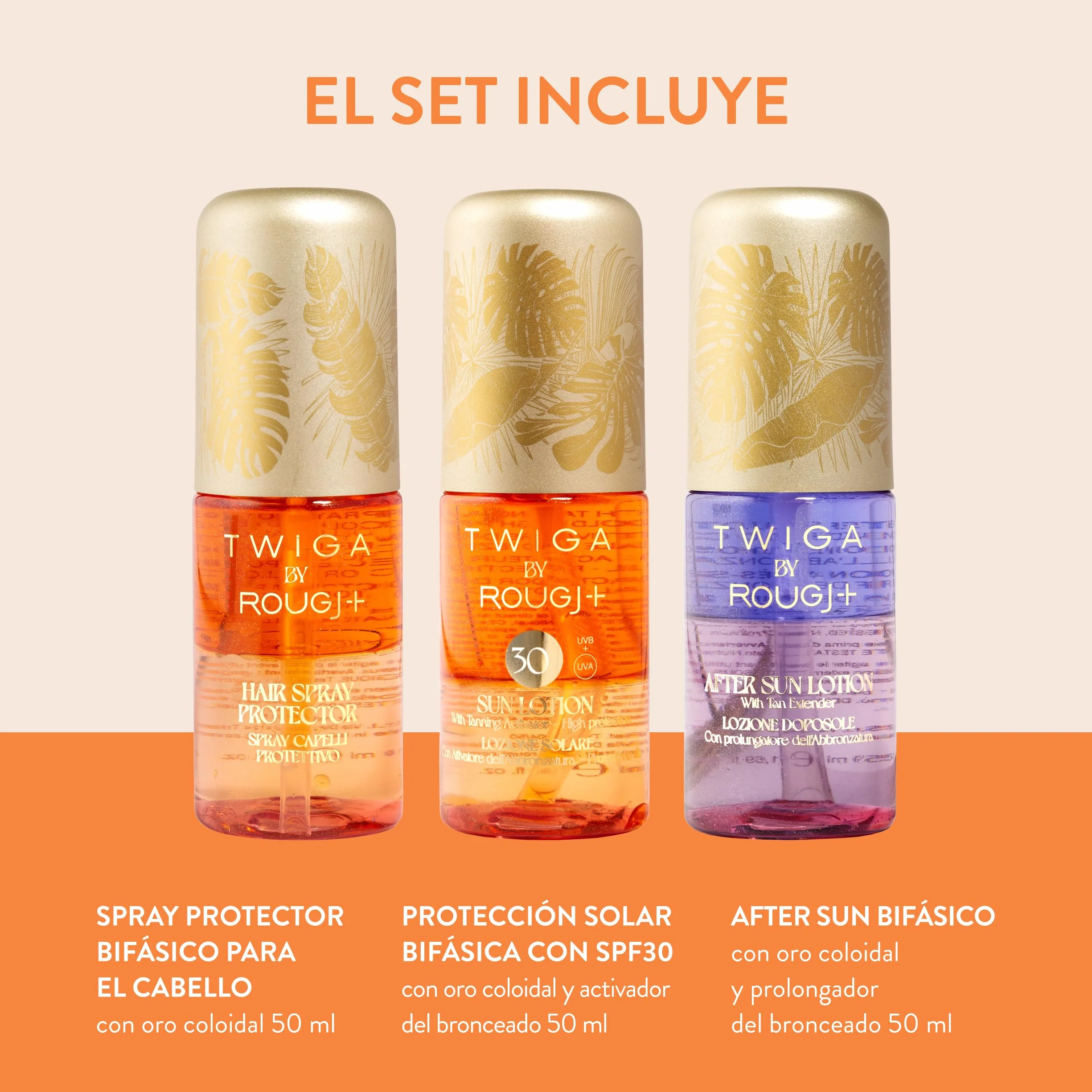 Rougj Twiga Travel Kit Solar - Spray Capilar SPF 30, Loción Solar, After Sun - Hidratación y Protección UV 3x50ml