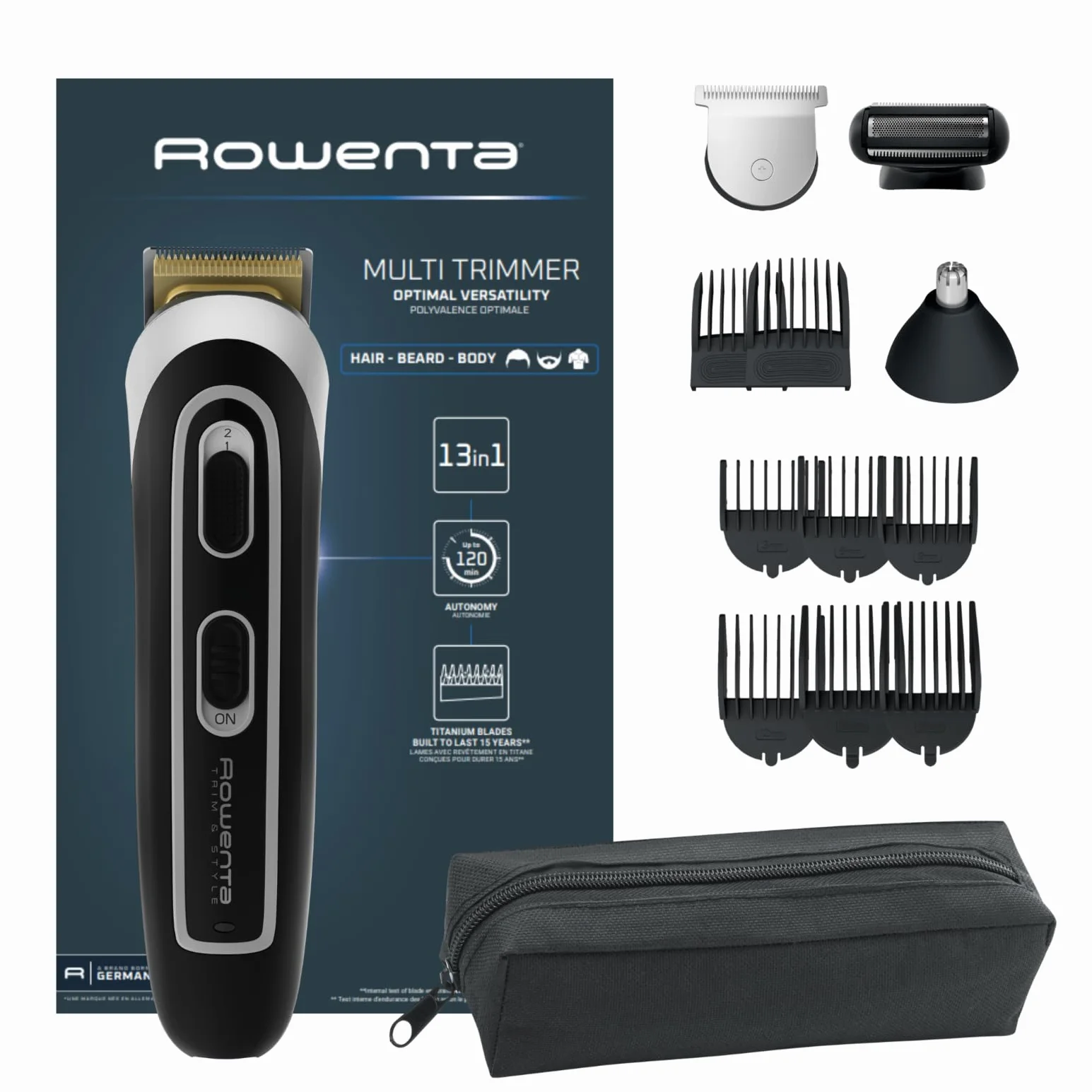 Rowenta Trim & Style 13 w 1, Wielofunkcyjny trymer do włosów, twarzy, brody i ciała, 26 ustawień, Technologia Wet & Dry, Bezprzewodowy, 120 min, Szybkie ładowanie, TN9140