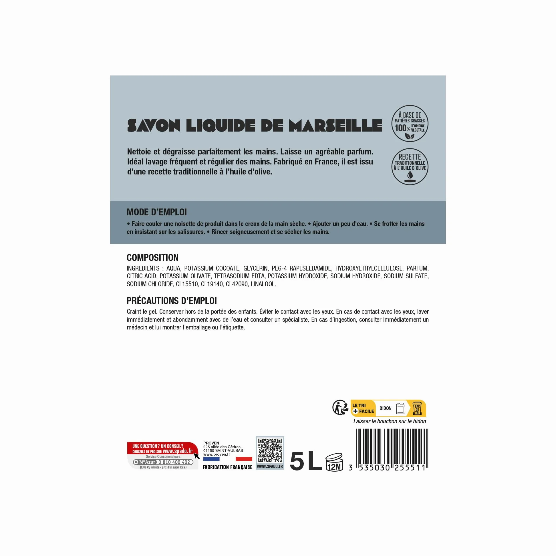 SPADO Origines – Jabón de Marsella líquido – 100% vegetal – Limpia y desengrasa – Suaviza las manos – Con aceite de oliva – 5 L – Fabricación francesa