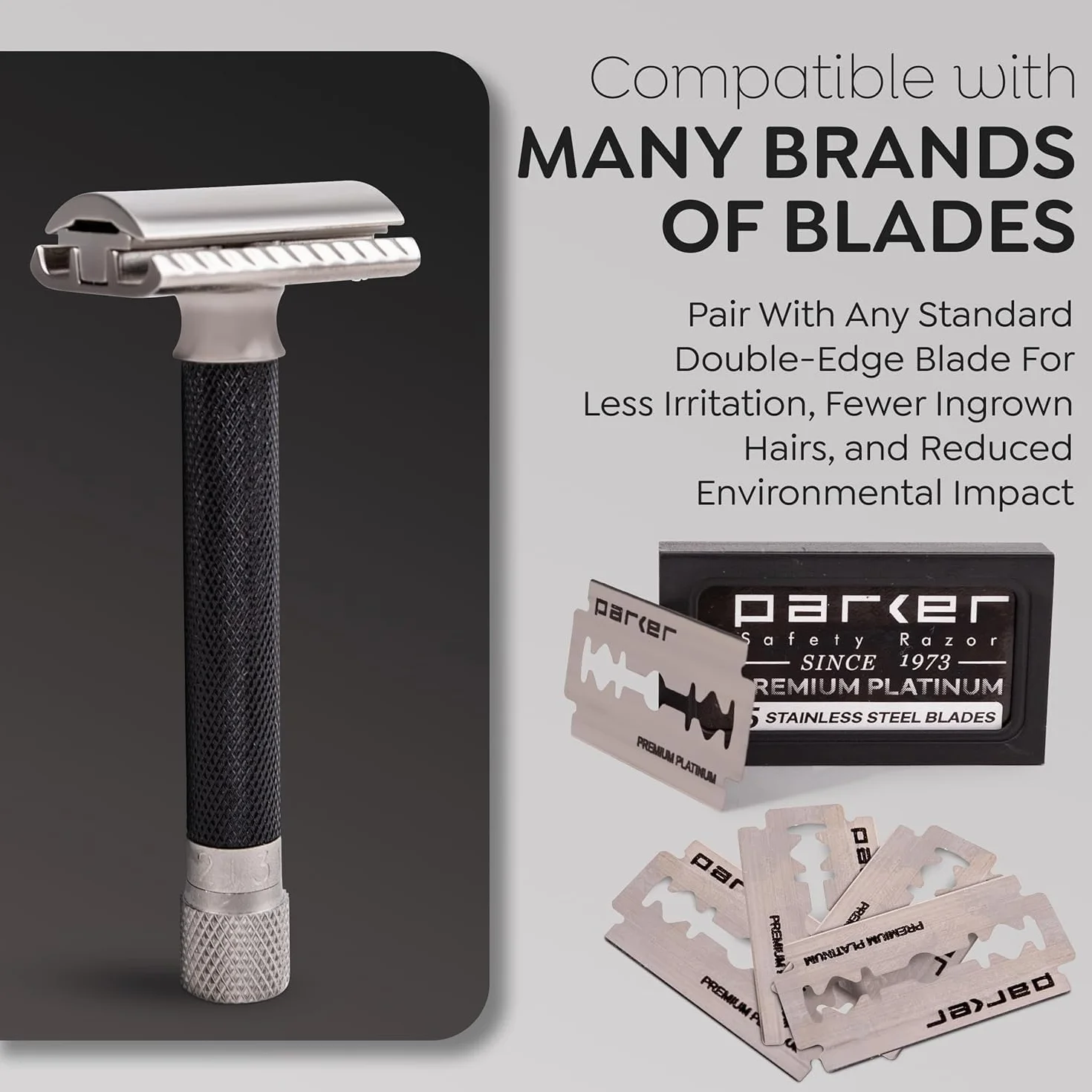 Parker Safety Razor Ajustable de Dos Filos con 5 Cuchillas Premium - Grafito Metálico