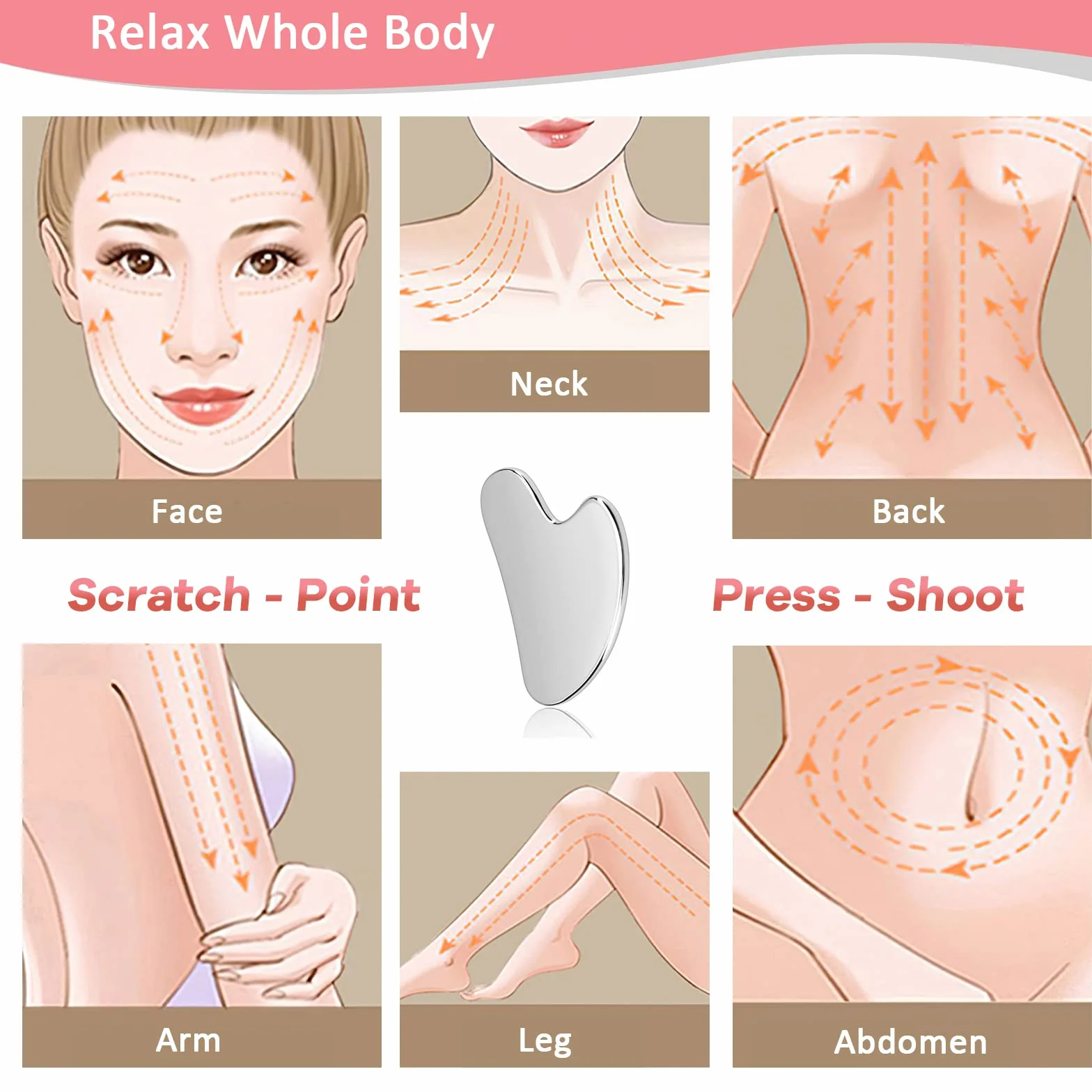 Gua Sha Acero Inoxidable, Herramienta GuaSha Facial, Rascador de Masaje para Drenaje Linfático