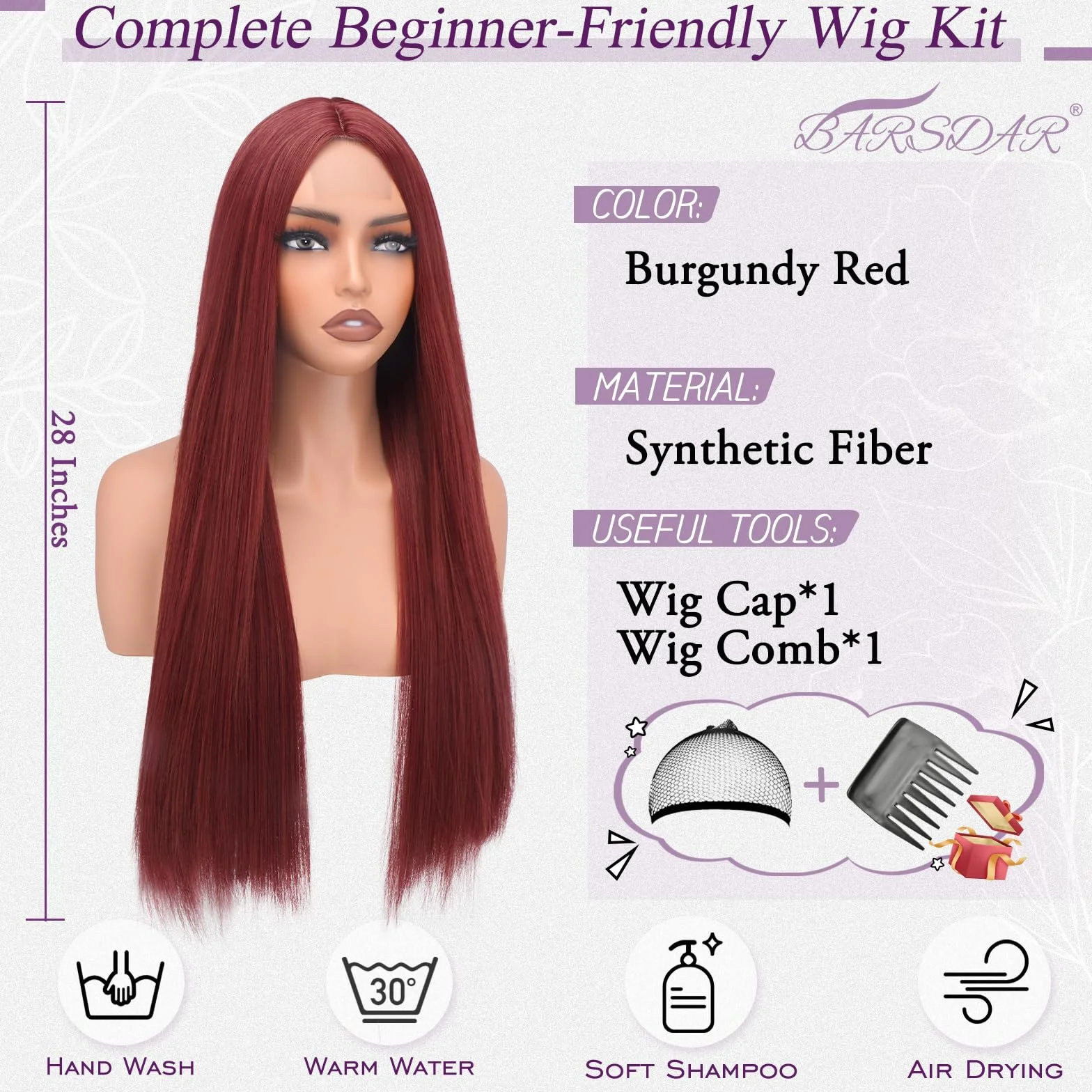 BARSDAR Peluca Larga Liso Borgoña Rojo 71cm para Mujeres Aspecto Natural Sintético
