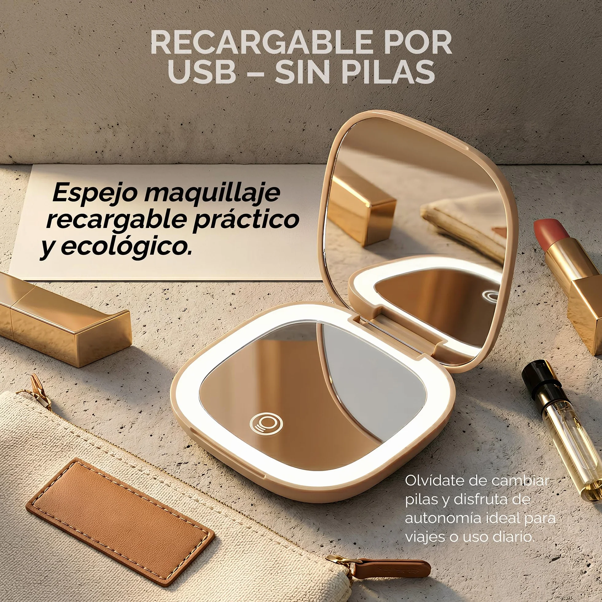 Nyra Espejo LED de Viaje Recargable 3 Modos de Luz Brillo Regulable Aumento x1 x3 Batería 400mAh Carga Tipo C