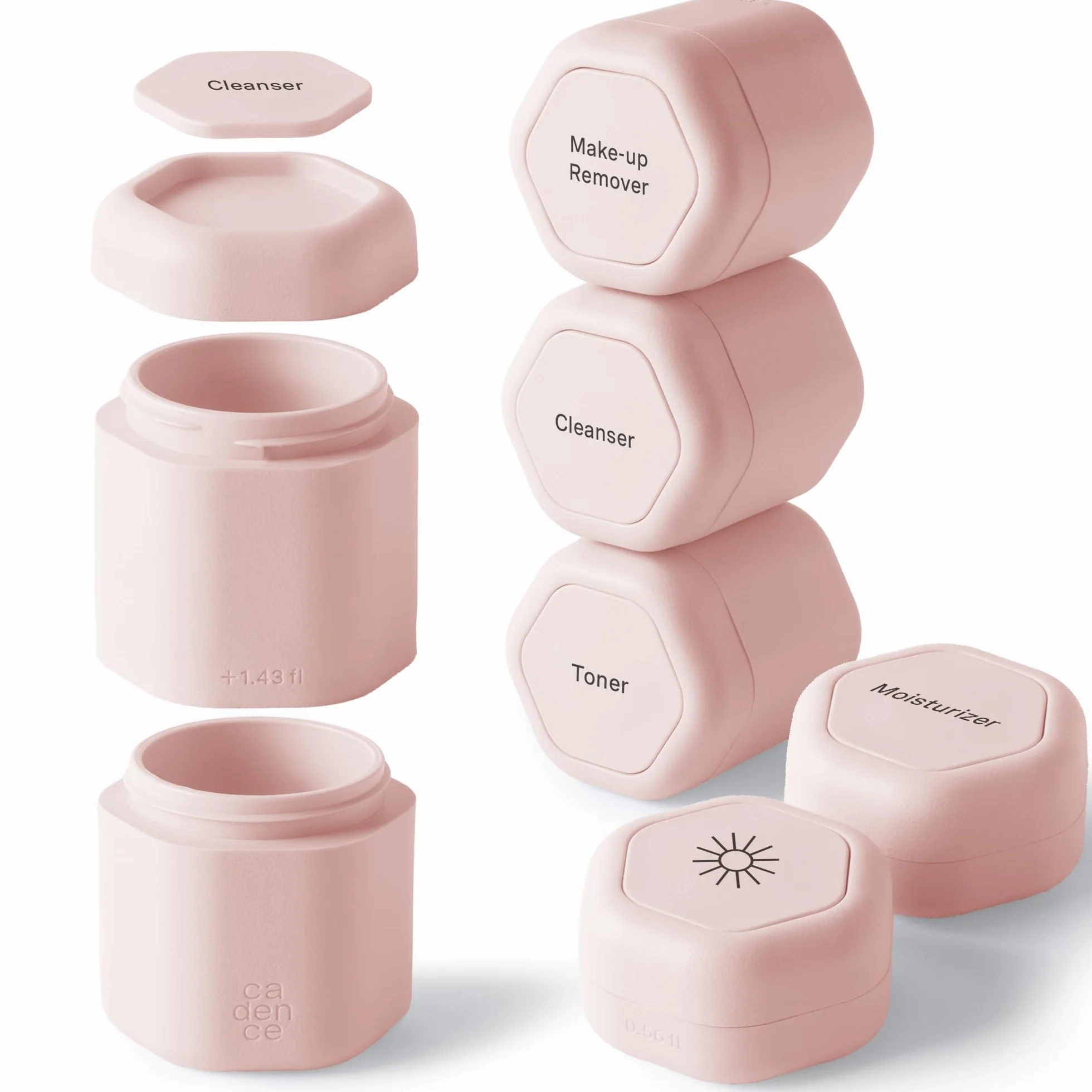 Cadence Contenedores de viaje – Juego completo para el cuidado de la piel – Contenedores magnéticos con tapas, artículos esenciales de viaje de mano para mujeres/hombres – 2 pequeñas (0.5 onzas), 4