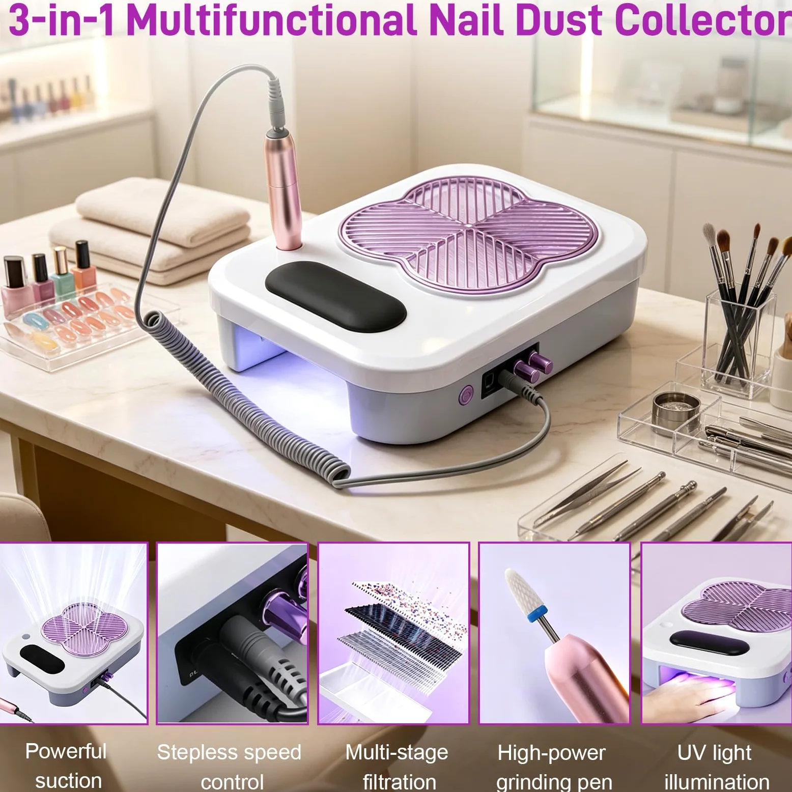 Dispositivo de uñas 4 en 1, con torno profesional (18.000 rpm), 6 cabezales de lijado y cabezal removedor, lámpara UV/LED potente, aspirador integrado (3.400 rpm), ideal para uso en salón y en casa