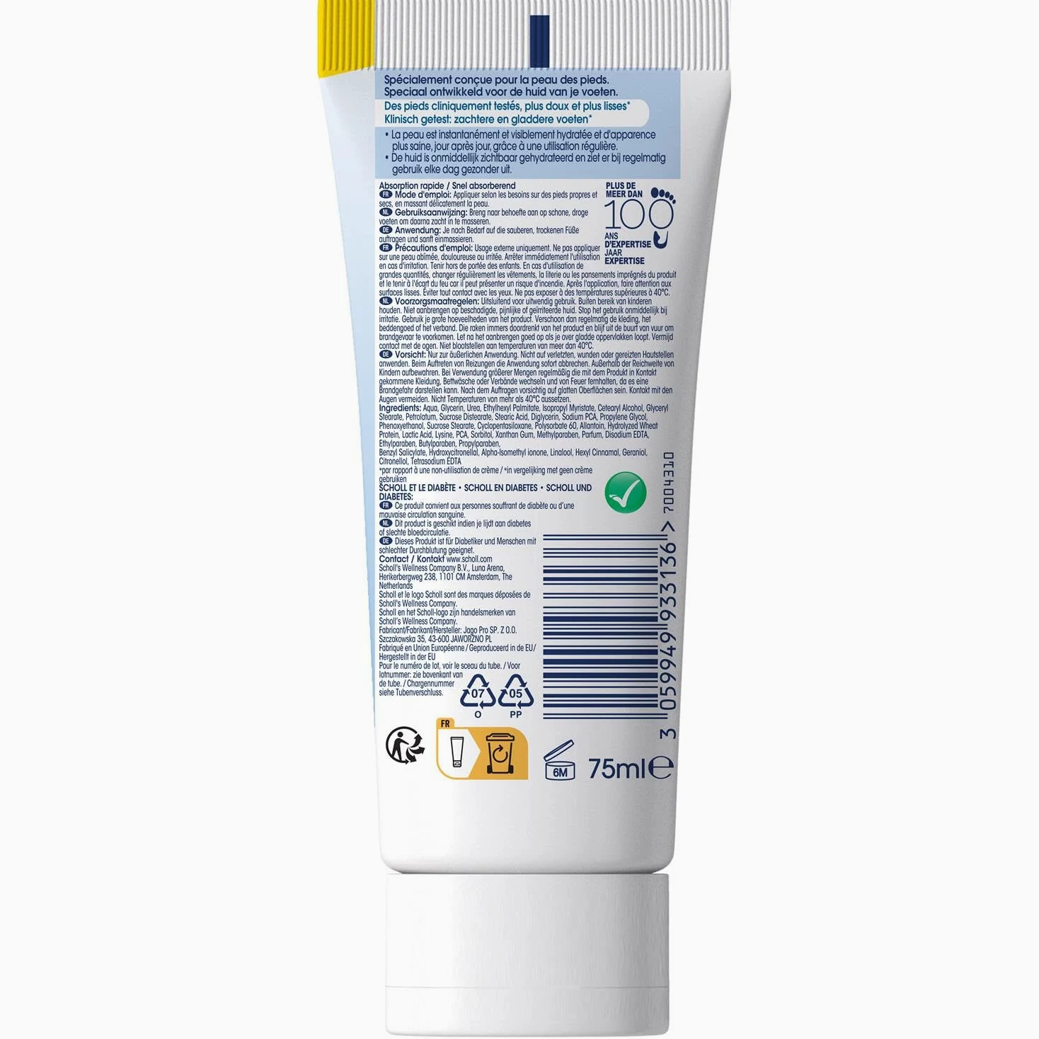 SCHOLL Crema hidratante intensificada para piel seca, 75 ml, paquete de 6