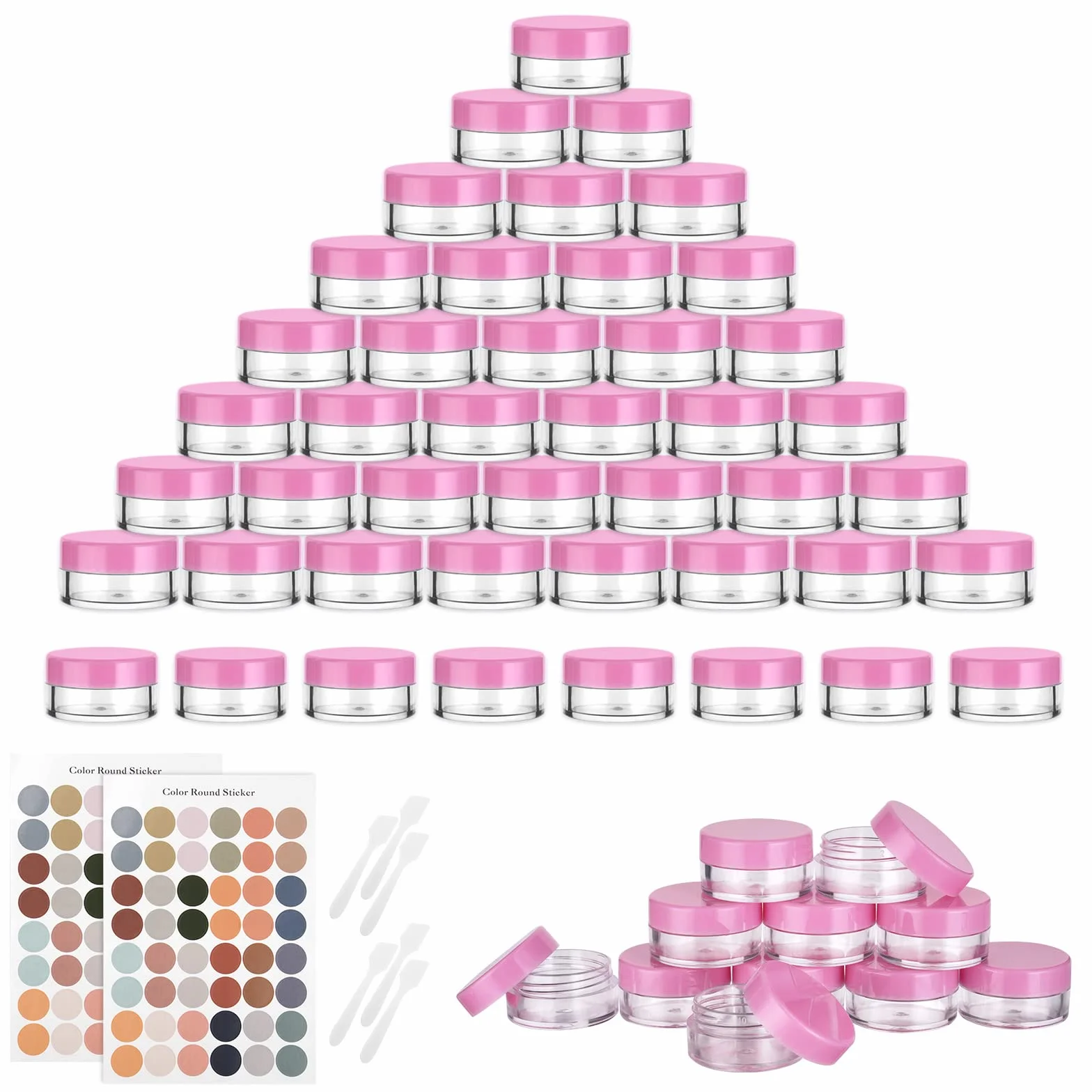 Flintronic 64 Piezas Envase Contenedores de Plástico, Tarro Vacío Crema de Viaje 5g/5ml con Pegatina y Cuchara Pequeña