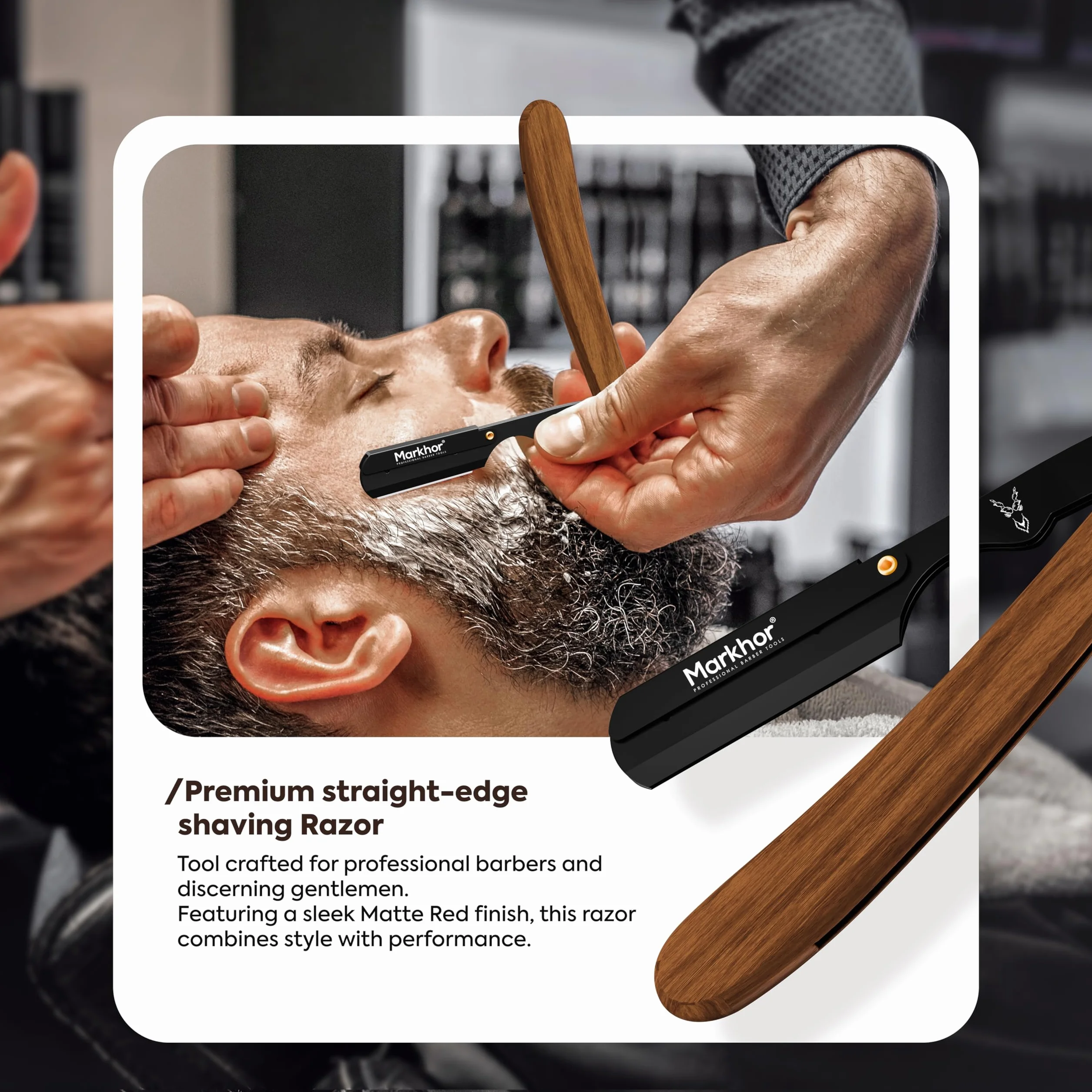 MARKHOR Professional Straight Razor for Men, 100 Blades, Black Matte Wood, Classic Barber Shaving Kit