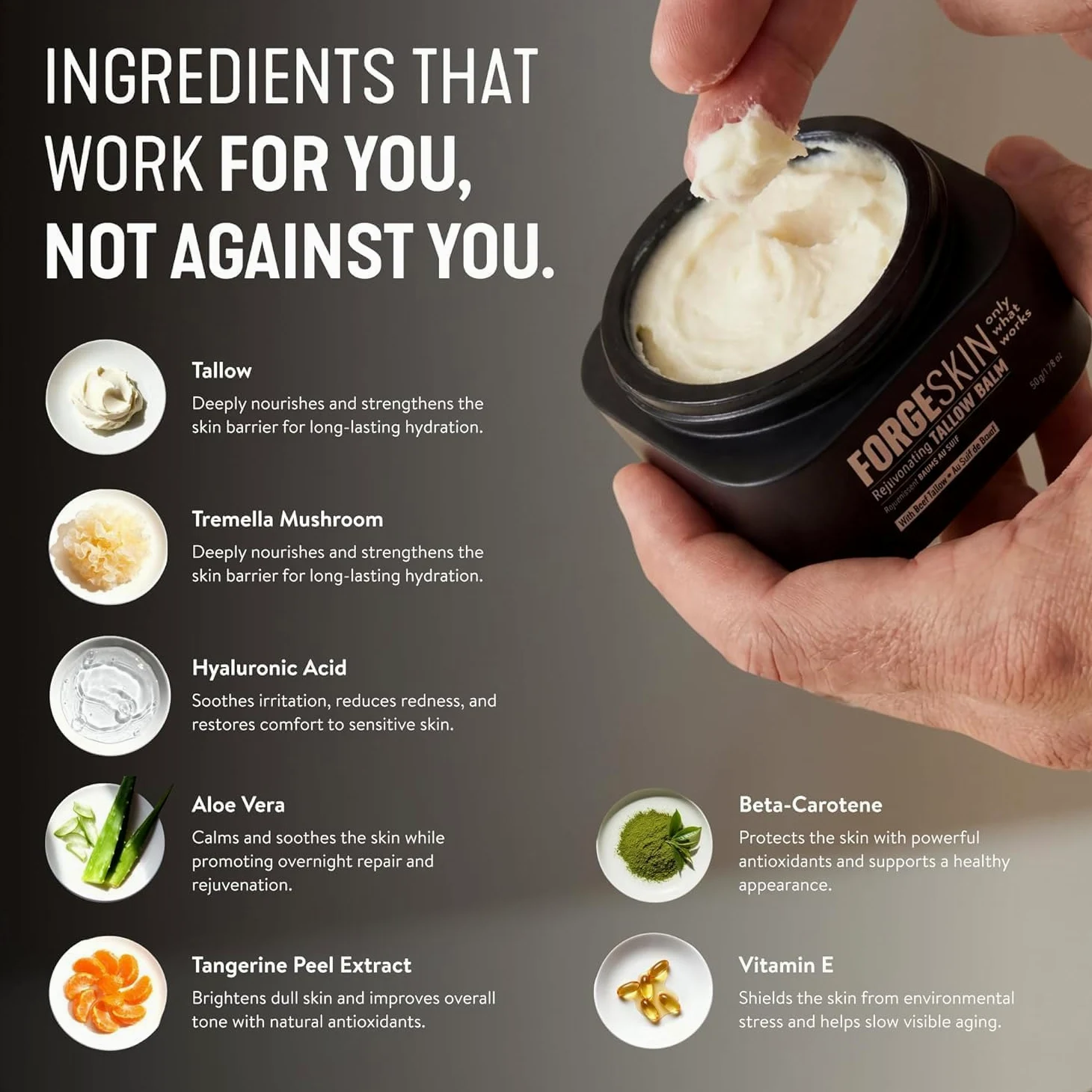 FORGE SKIN Wrinkle Defense - Bálsamo de sebo de res para hombres, hidratante facial, crema antienvejecimiento para la piel, loción natural para el cuidado facial con aceites esenciales, 50 ml