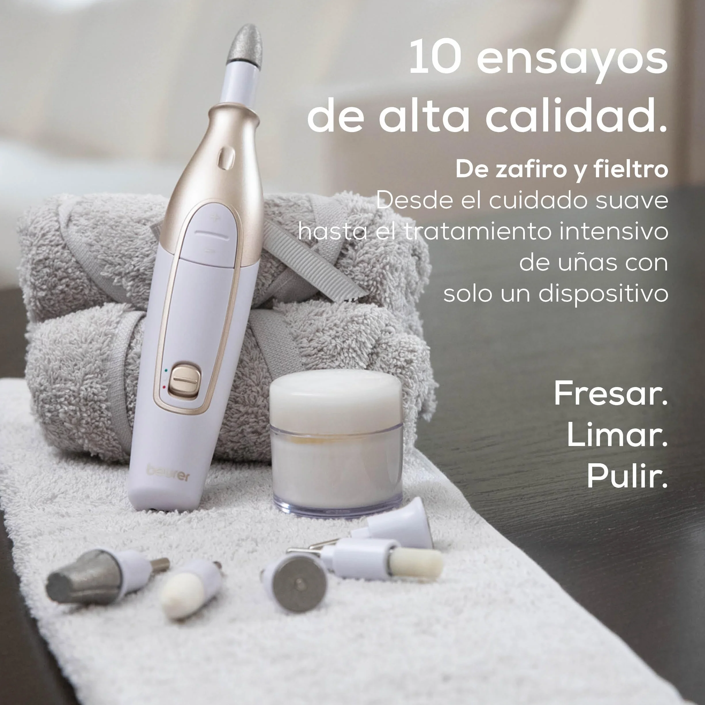 Beurer MP 64 Set de manicura y pedicura profesional con batería recargable, torno para uñas inalámbrico, 10 accesorios para el cuidado de las uñas, con luz LED