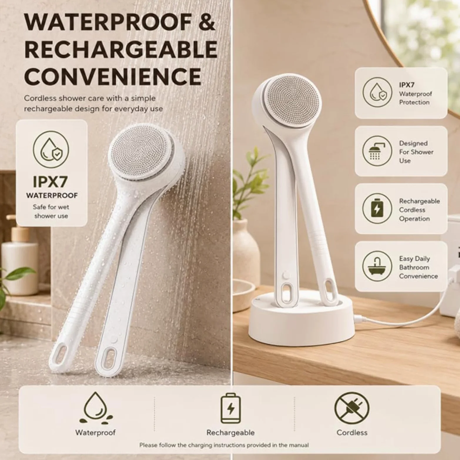 Exfoliante Corporal Eléctrico Exfoliante Rotatorio De 2 Velocidades Con 4 | Cepillo De Ducha Impermeable De Doble Mango Para Masajear La Piel Mano Pierna Y Cuidado Diario De La