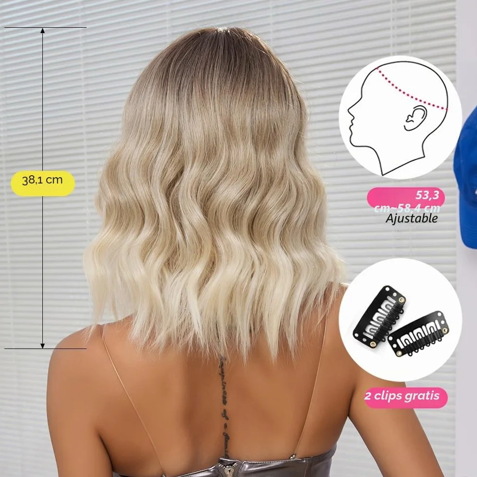 Pelucas Rubias Ombre para Mujer Peluca Corta Ondulada con Flequillo de Pelo Sintético Resistente al Calor