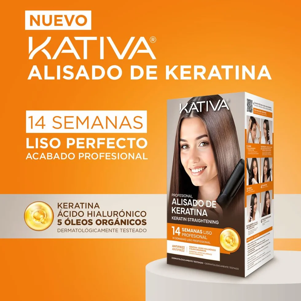Kativa Kit Alisado Brasileño Tratamiento Profesional con Keratina Hidrolizada Ácido Hialurónico 5 Óleos Orgánicos 14 semanas
