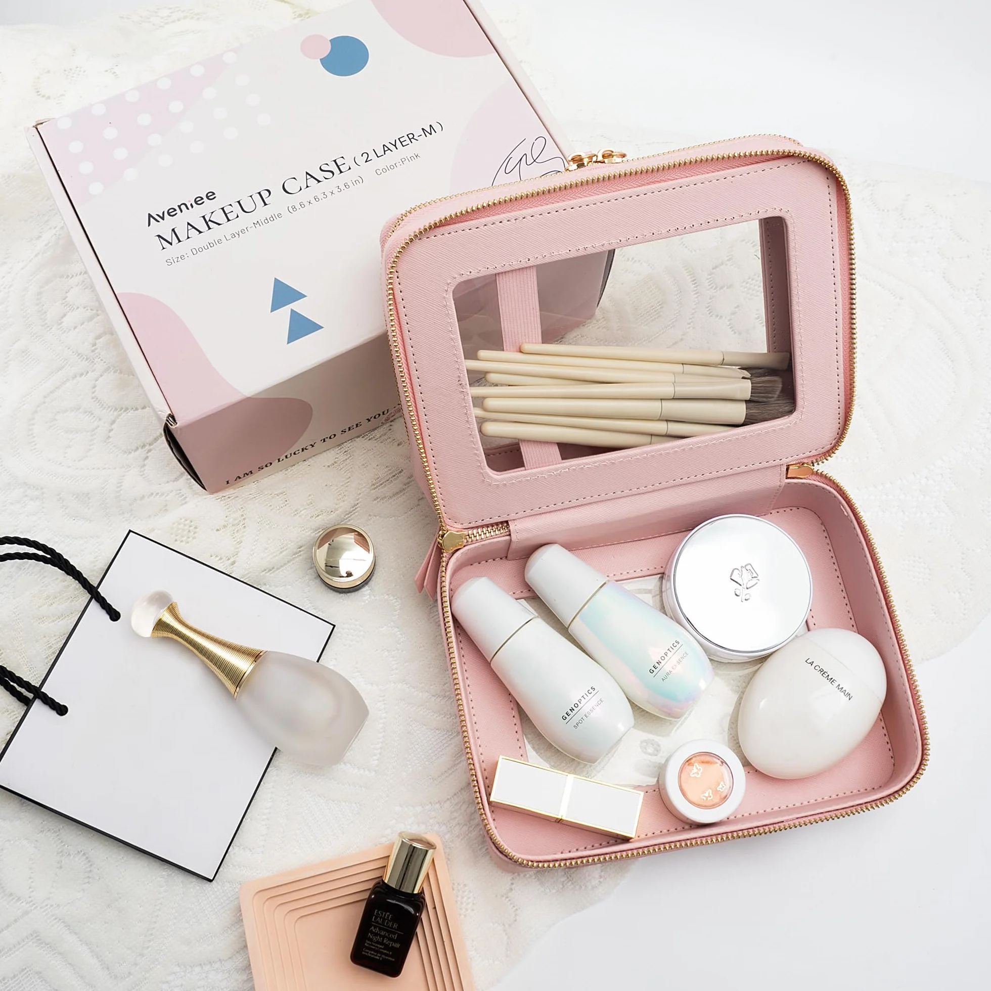 Aveniee Bolsas de maquillaje transparentes, neceseres de doble capa con compartimento separado para brochas, neceser de viaje para mujer, organizador de accesorios de viaje para bolso (2 capas, grande