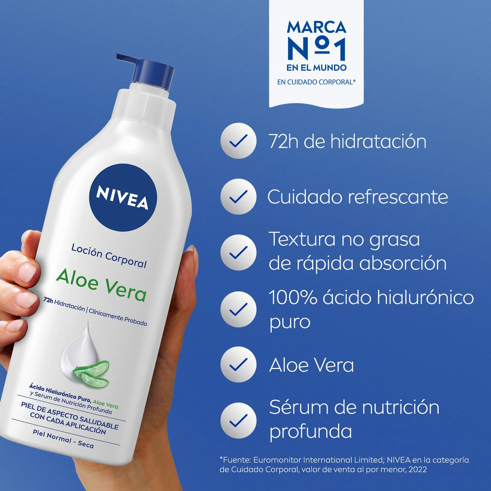 NIVEA Loción Corporal Aloe Vera 625 ml Hidratante 72h con Ácido Hialurónico y Sérum
