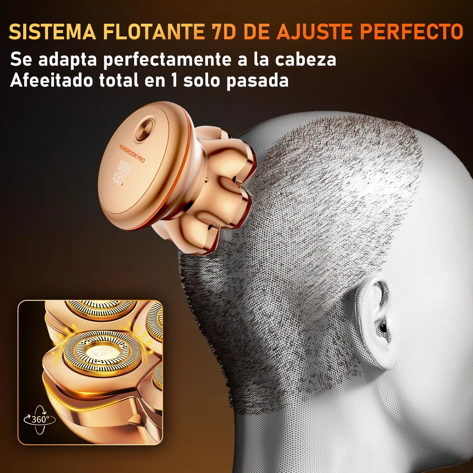 MAXGROOM Afeitadora Cabeza Hombre PRO, Maquina Afeitar Hombre, Afeitadora para Calva en Seco y Húmedo, 140 Mins de Uso, 7 Cabezales, Magnético, 100% impermeable, Dorado