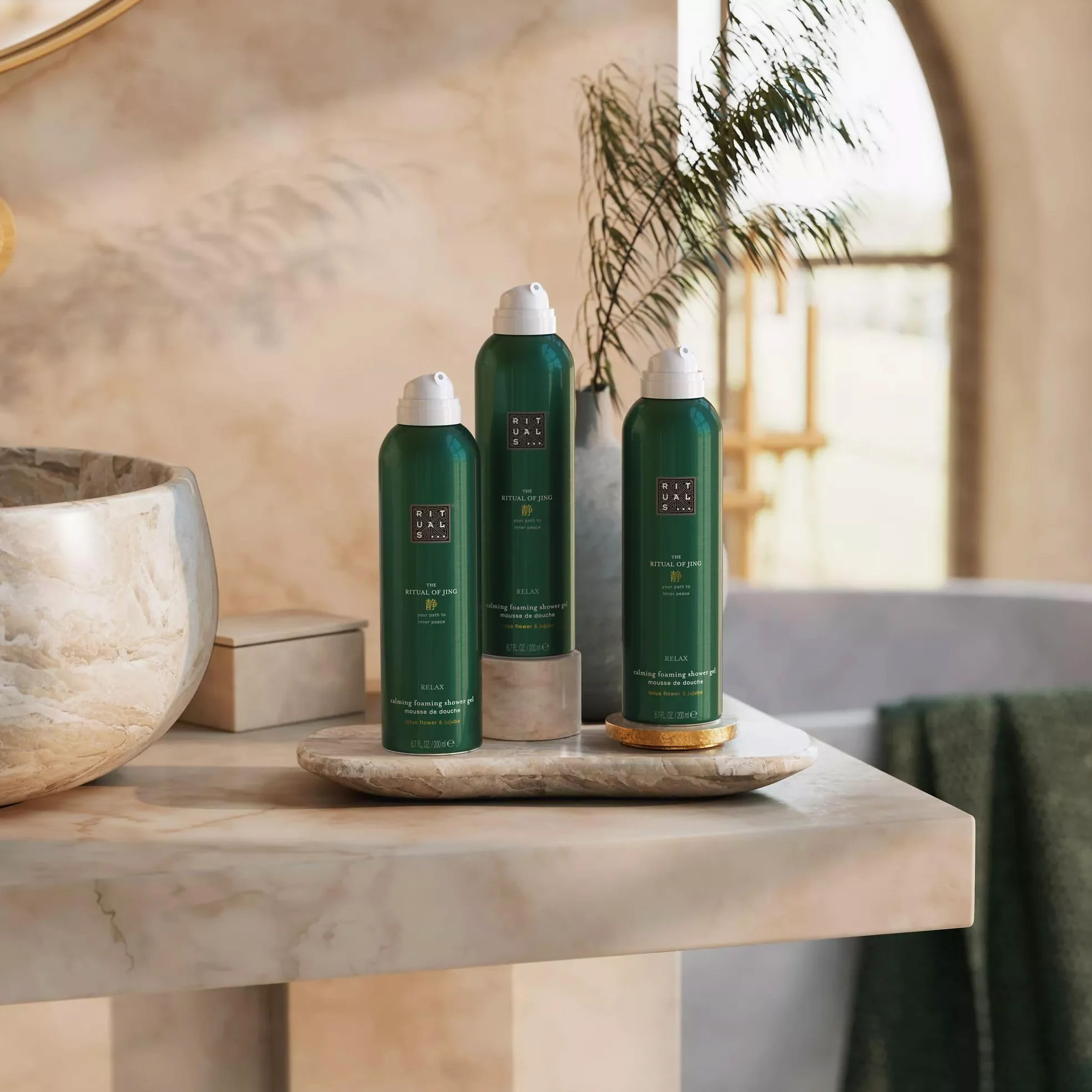 RITUALS The Ritual of Jing – Relax – Pack ahorro con 3 espumas de ducha – geles de ducha con loto sagrado y azufaifo – Gel de ducha relajante – Value Pack de 3 x 200 ml
