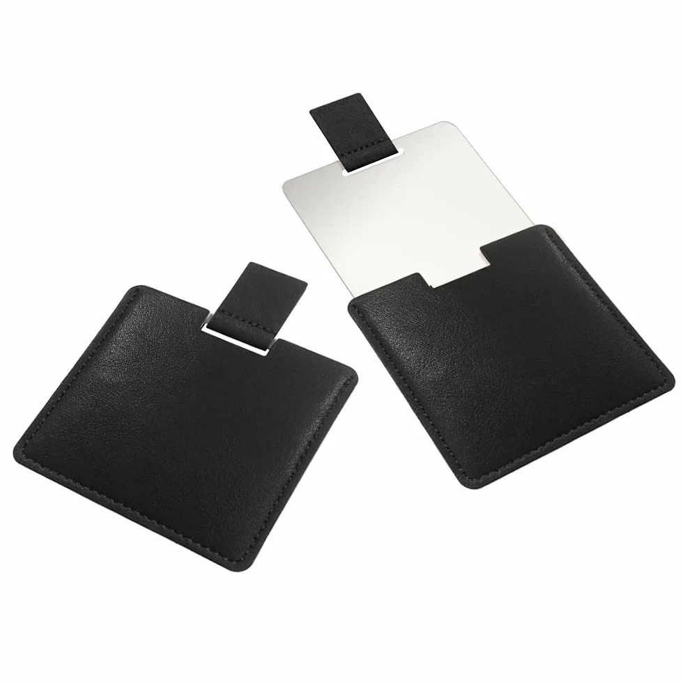 Espejo Pequeño Ultrafino de Acero Inoxidable Irrompible con Funda de Cuero PU, Espejo de Maquillaje Portátil (Negro)