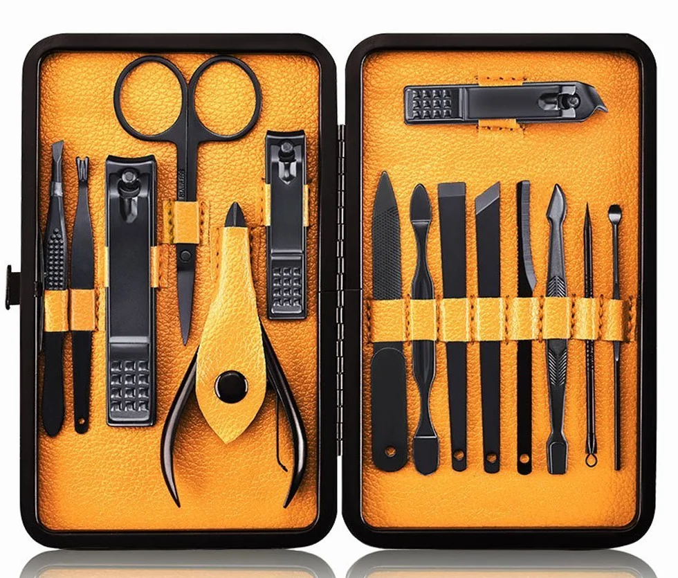 Cortaúñas Profesional Acero Inoxidable Set 15 Piezas Manicura Pedicura Cutícula Caja Amarillo