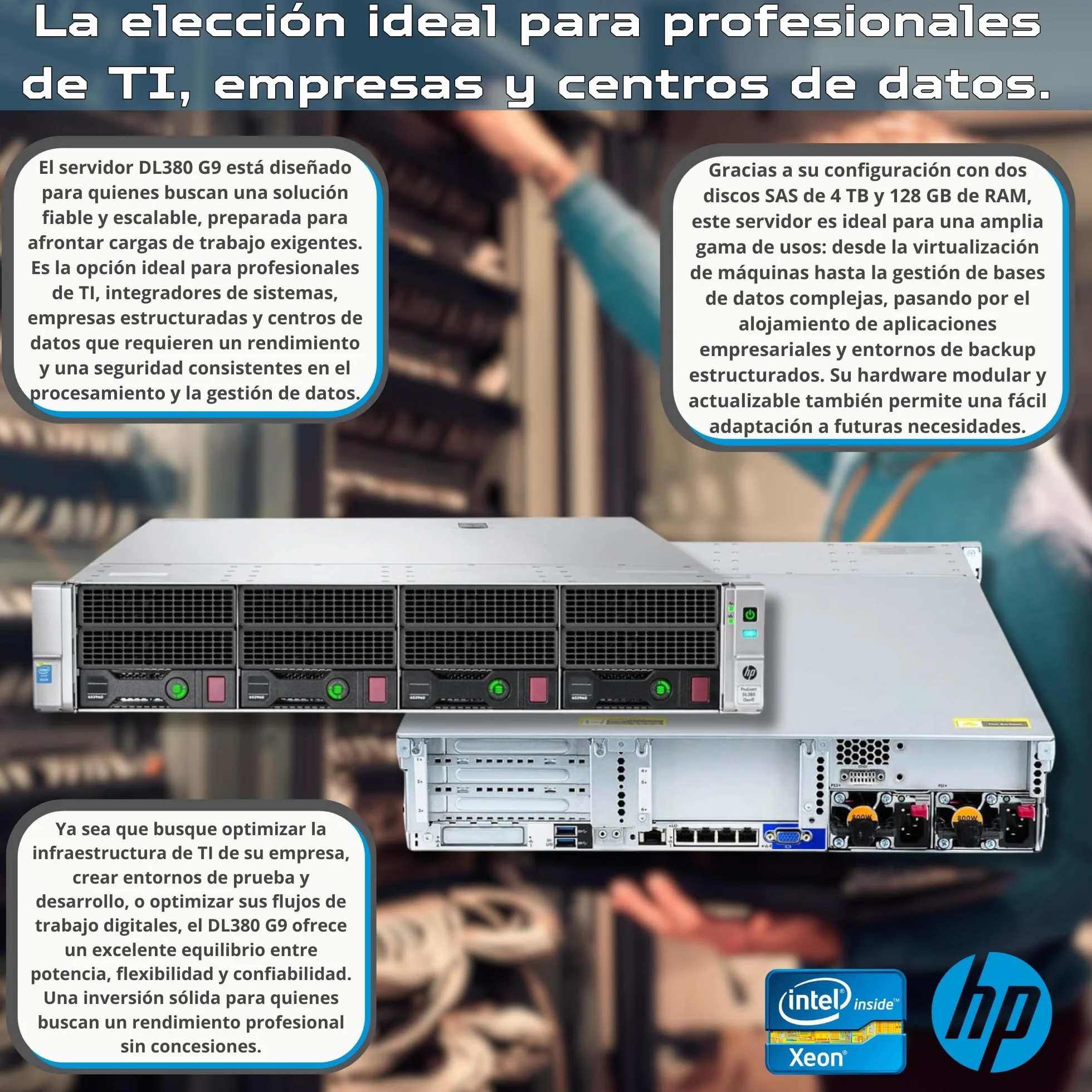 HP ProLiant DL380 Gen9 Estantería para servidor 2x Intel Xeon 2690 V3 128GB RAM 2x SAS 3.5" 4TB iLO H840 Windows Server 2022 Reacondicionado