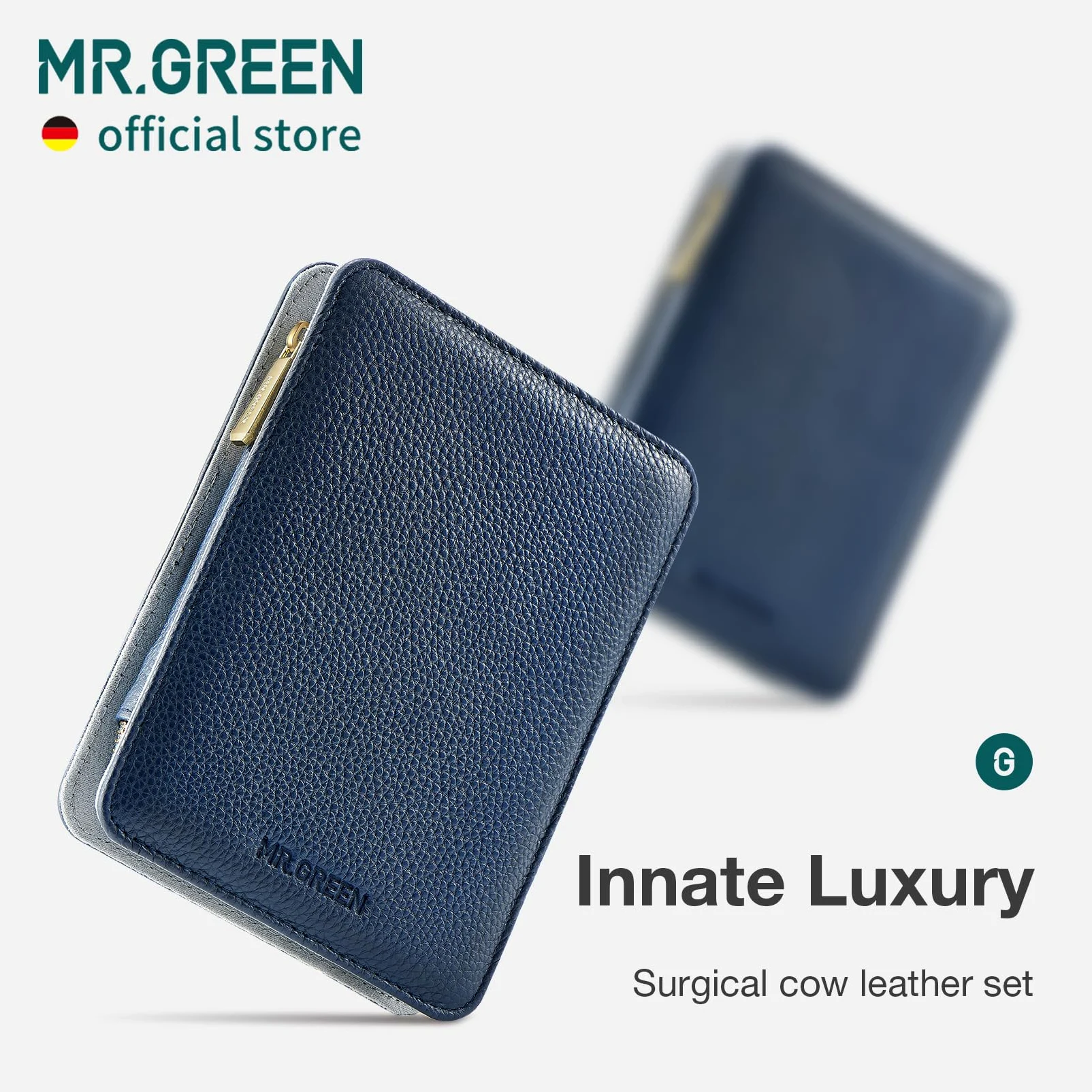 MR.GREEN Innate - Juego de manicura de lujo con tijeras de grado quirúrgico, kit de cortaúñas de acero inoxidable, paquete de piel de vaca de grano completo, pedicura (juego de manicura 9 en 1)