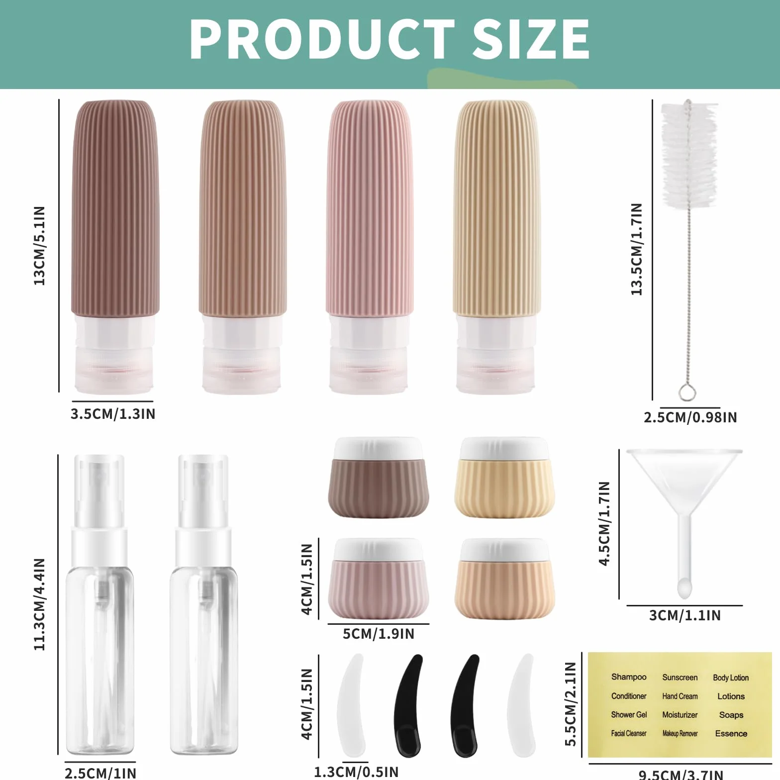 Kit Viaje Higiene Reutilizables 18 Piezas Botes Rellenables con Etiqueta para Cosméticos