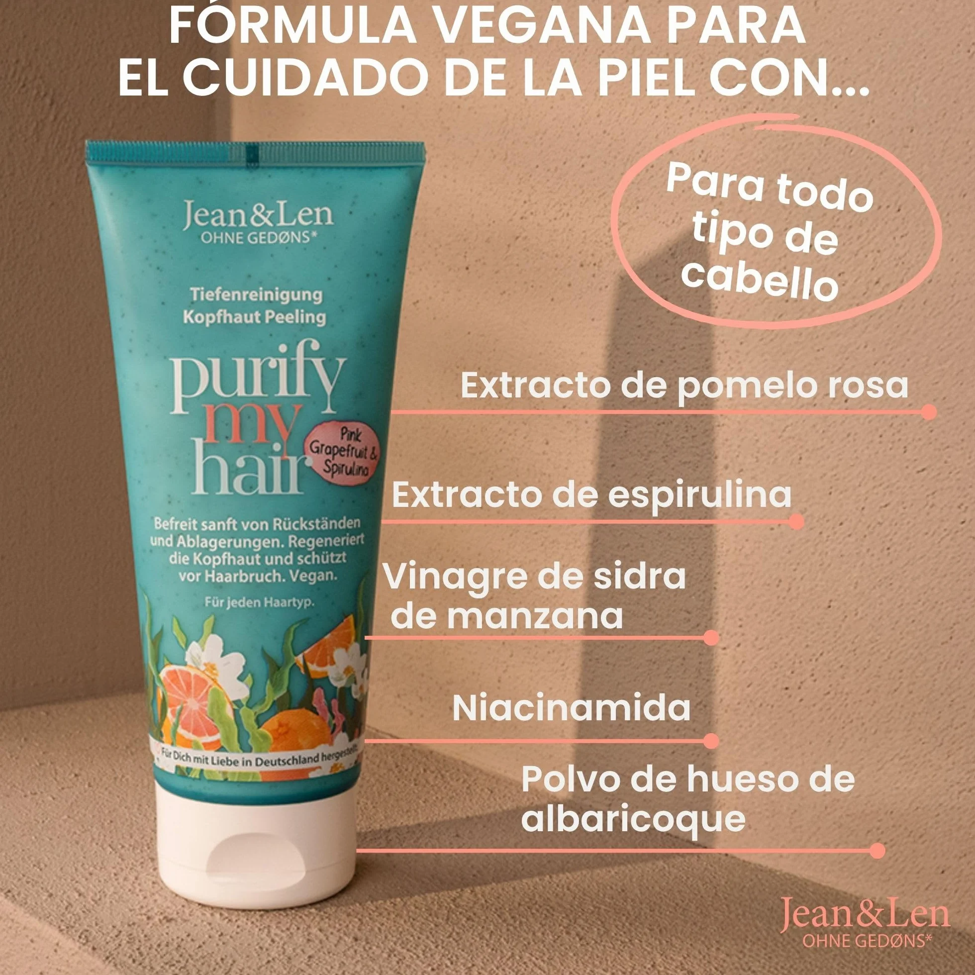 Jean & Len Exfoliante capilar Pomelo rosa y espirulina con vinagre de manzana y niacinamida, Scalp Scrub suave, 200 ml