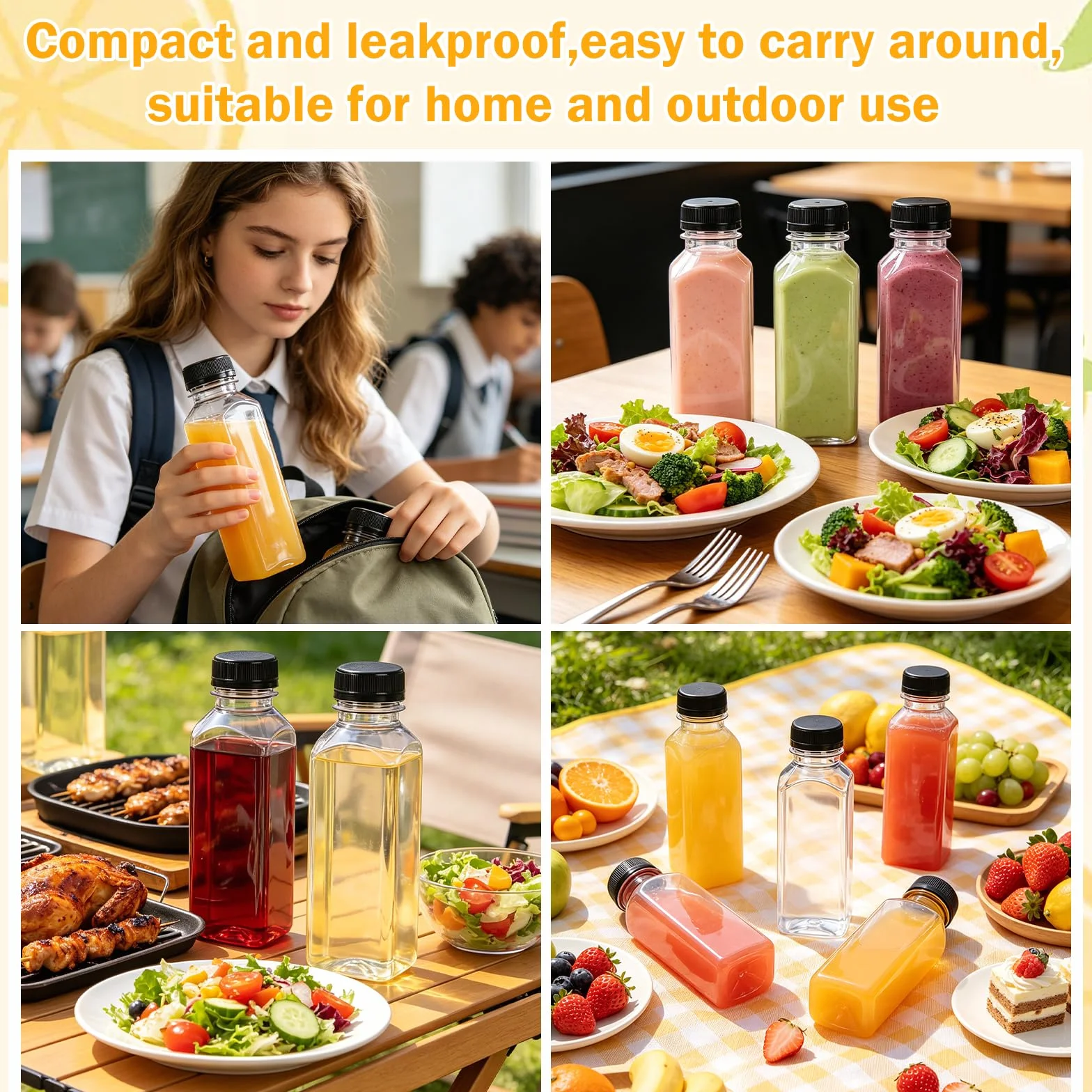 Botellas Vacías Reutilizables de 350 ml, 16 Botellas de Plástico con Tapas de Sellado, Material PET, para Jugo, Agua, Batidos, Incluye Embudo y Cepillo
