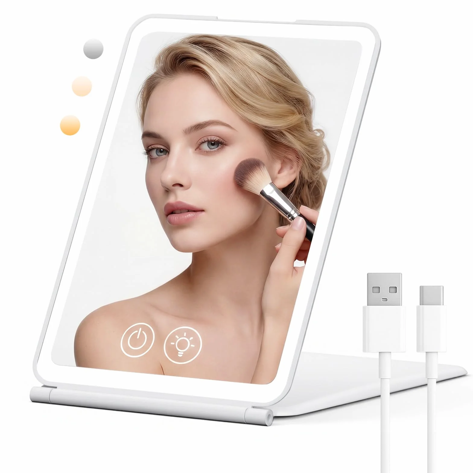Espejo Maquillaje con Luz LED 3 Colores Brillo Ajustable 1500mAh Recargable Plegable con Memoria